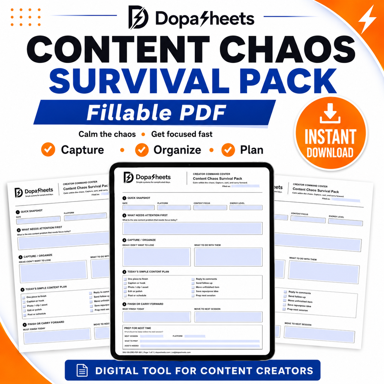 Printable & Fillable Content Chaos Survival Pack — Daily Content Session Planner