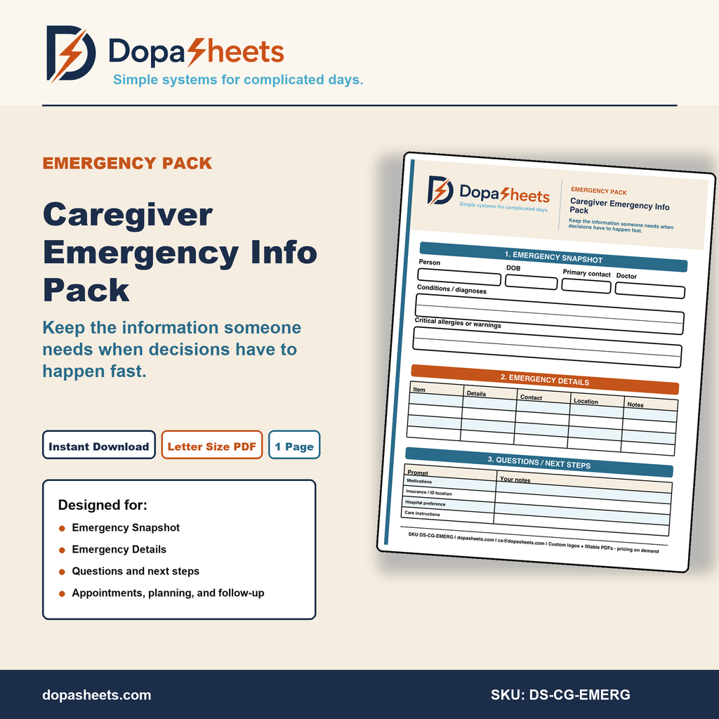 Printable Emergency Medical Info Sheet — Caregiver Emergency Reference Card