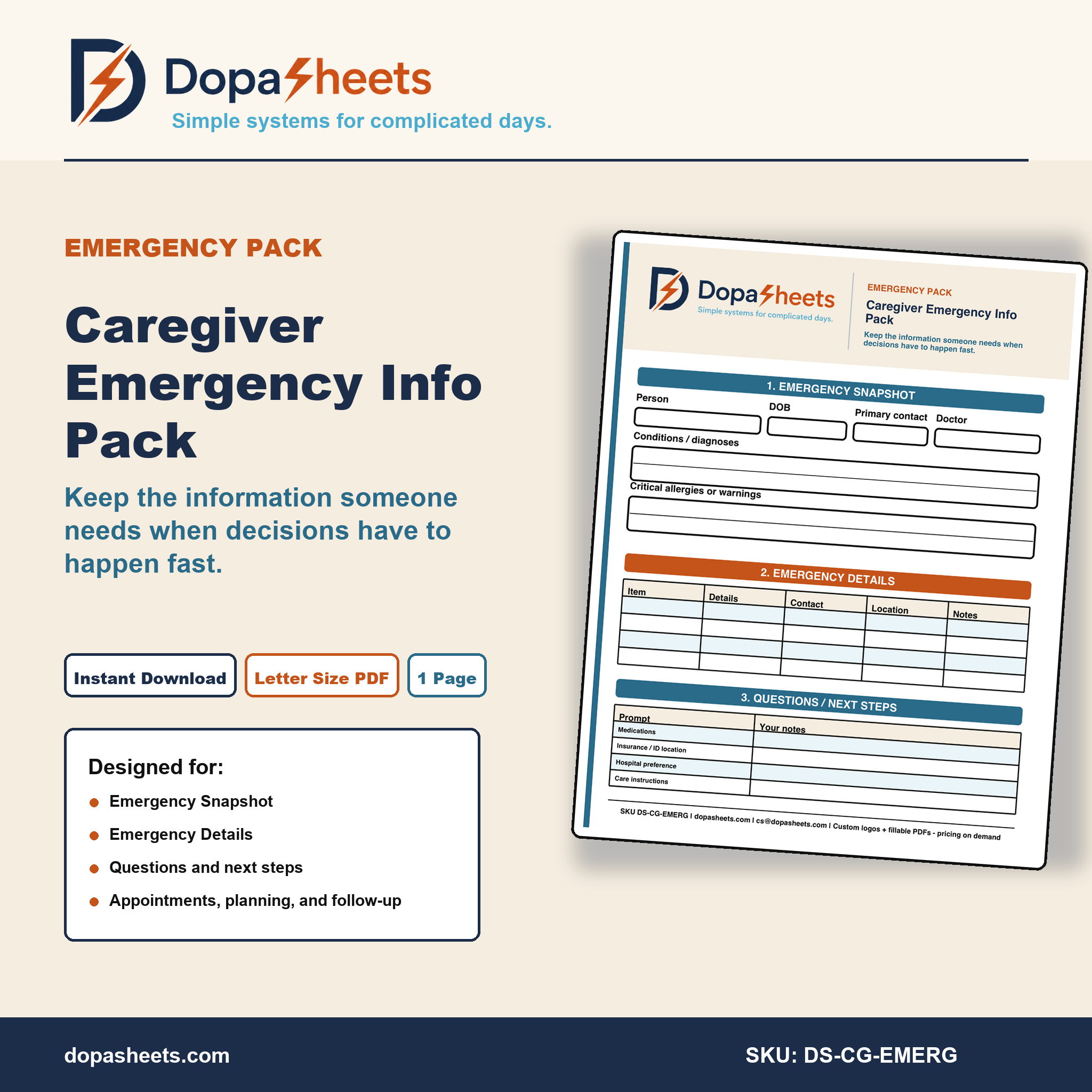 Caregiver Emergency Info Pack