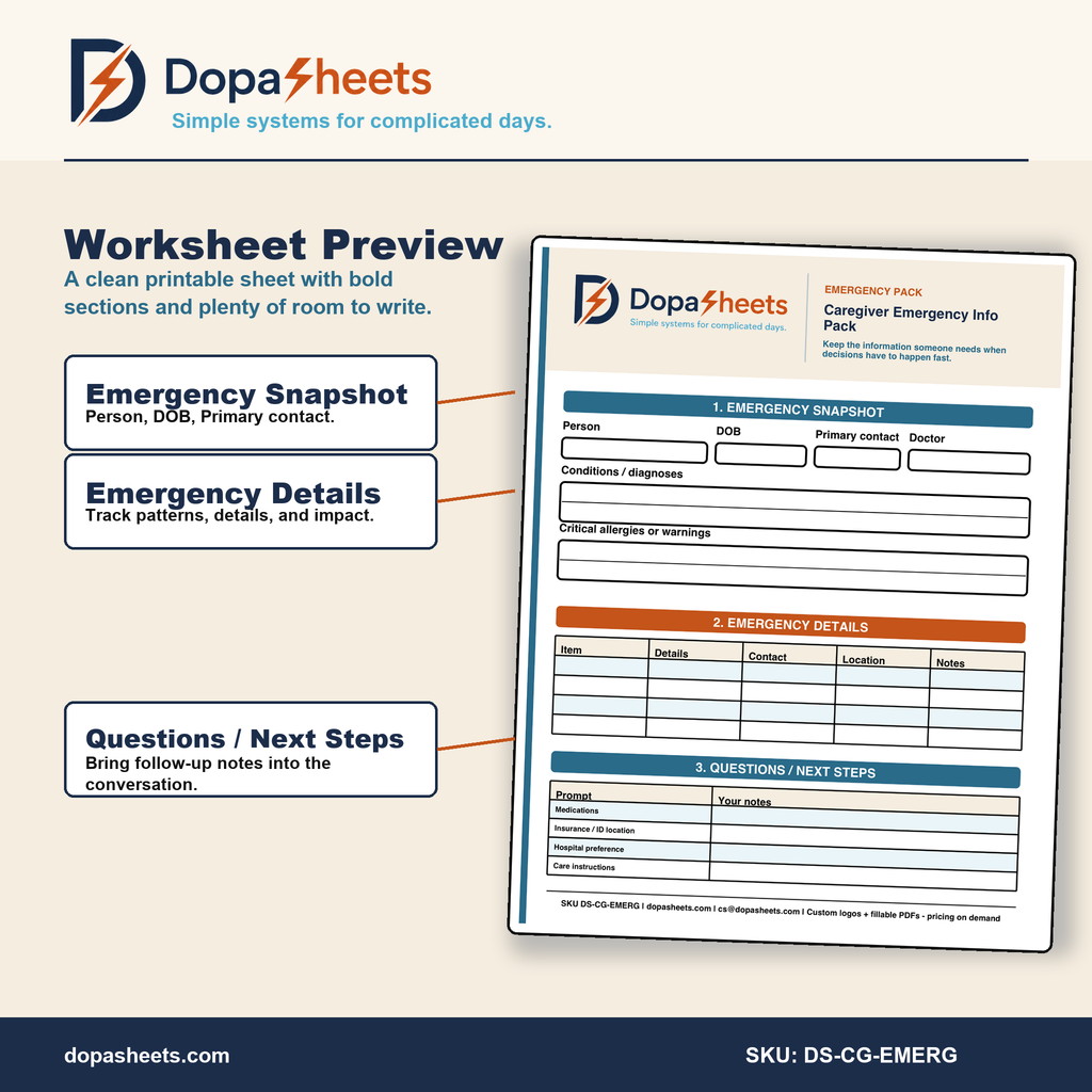 Printable Emergency Medical Info Sheet — Caregiver Emergency Reference Card