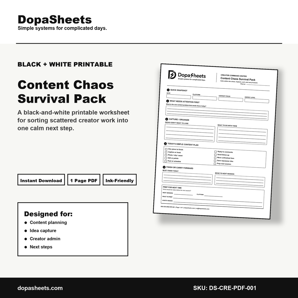 Printable Content Chaos Survival Pack — Daily Content Session Planner
