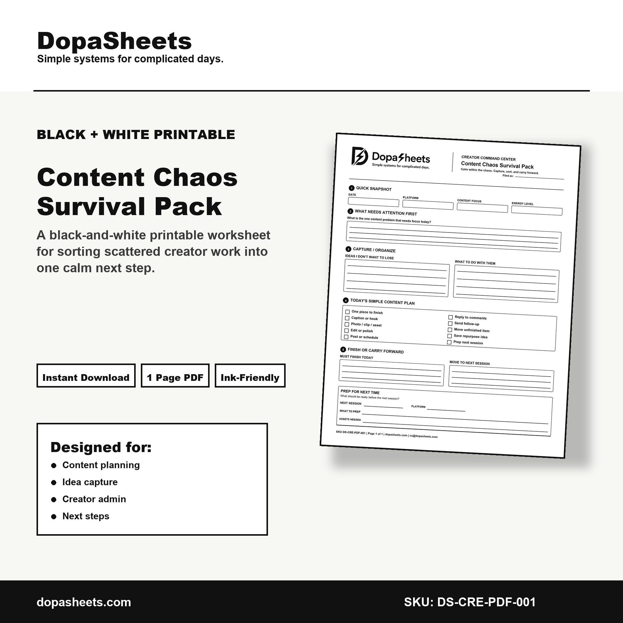 Printable Content Chaos Survival Pack — Daily Content Session Planner