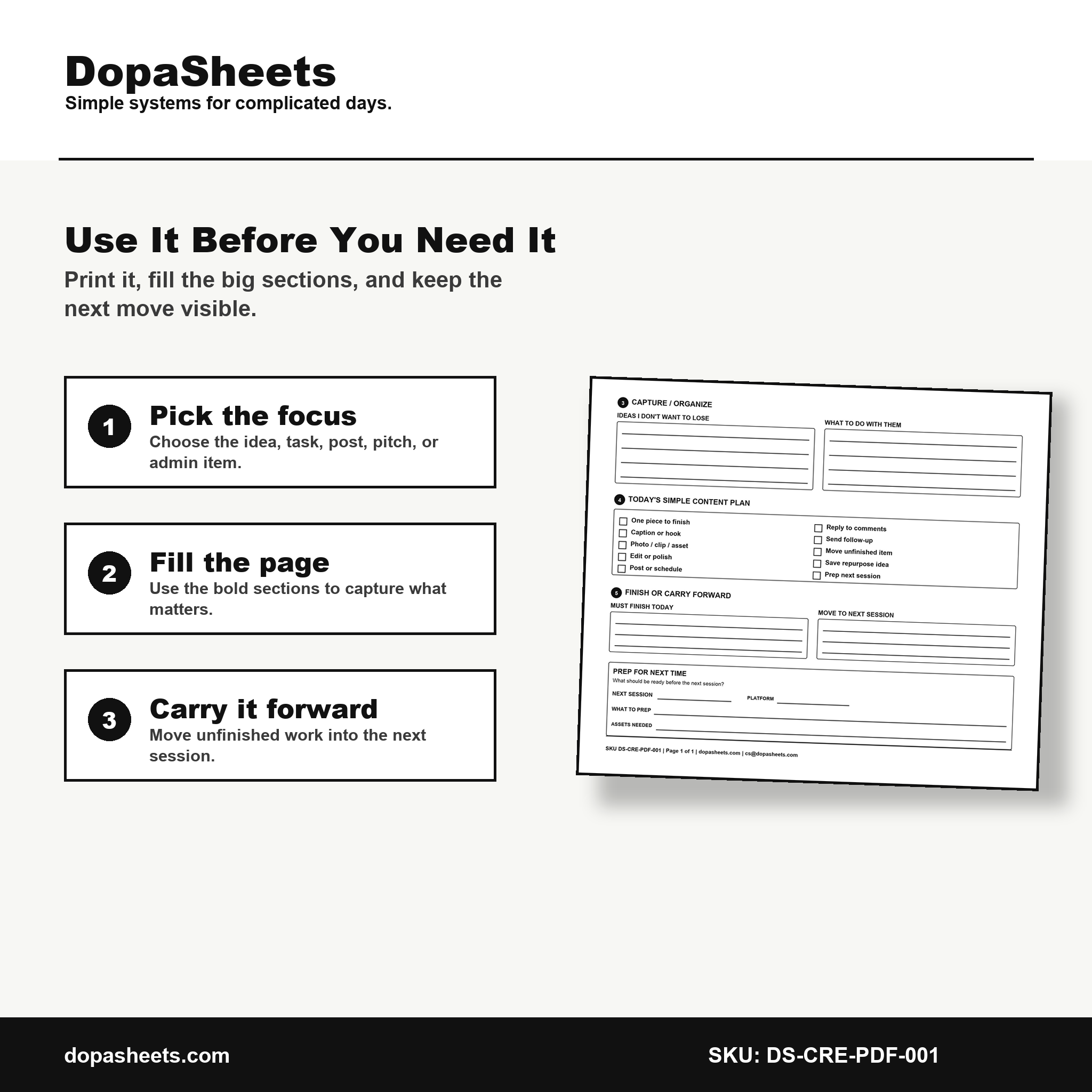 Printable Content Chaos Survival Pack — Daily Content Session Planner