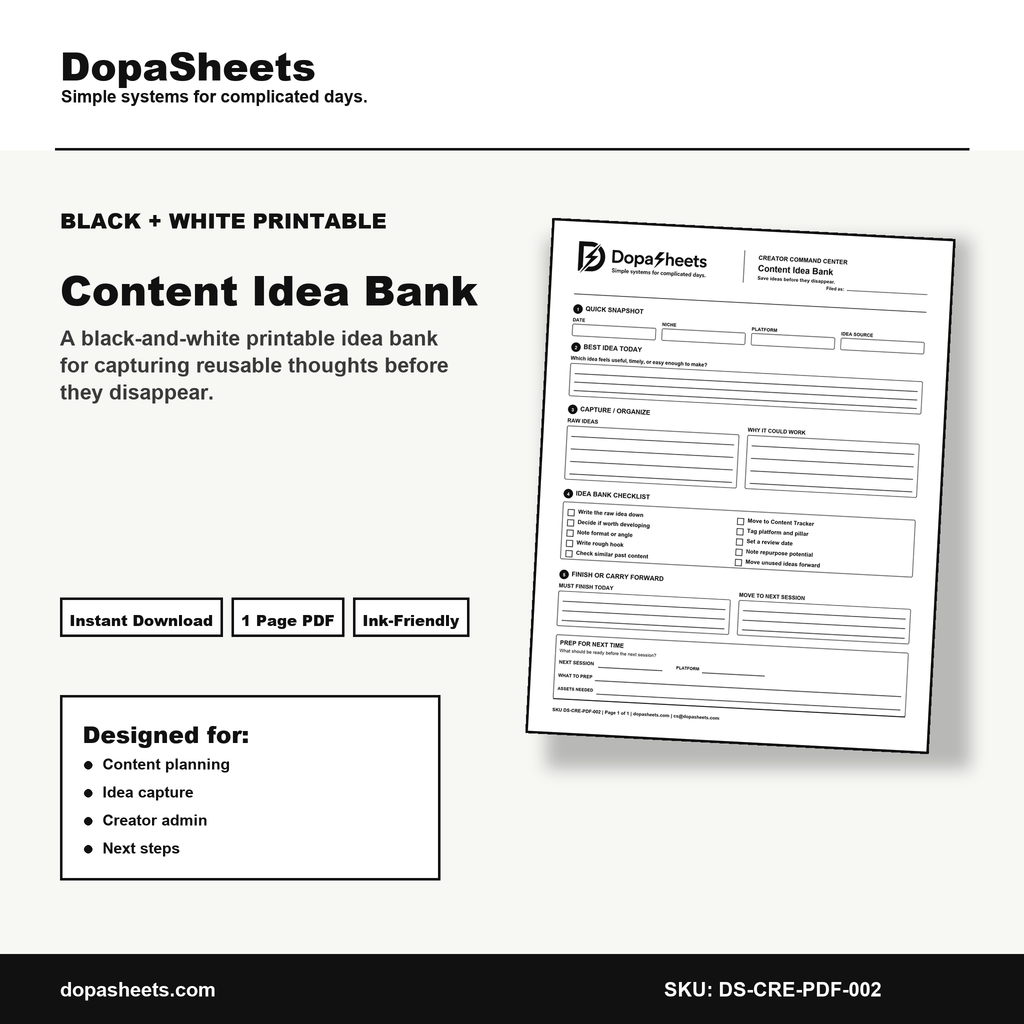 Printable Content Idea Bank — Content Idea Capture & Organization Sheet