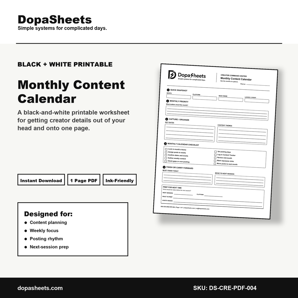 Printable Monthly Content Calendar — Monthly Content Planning Worksheet