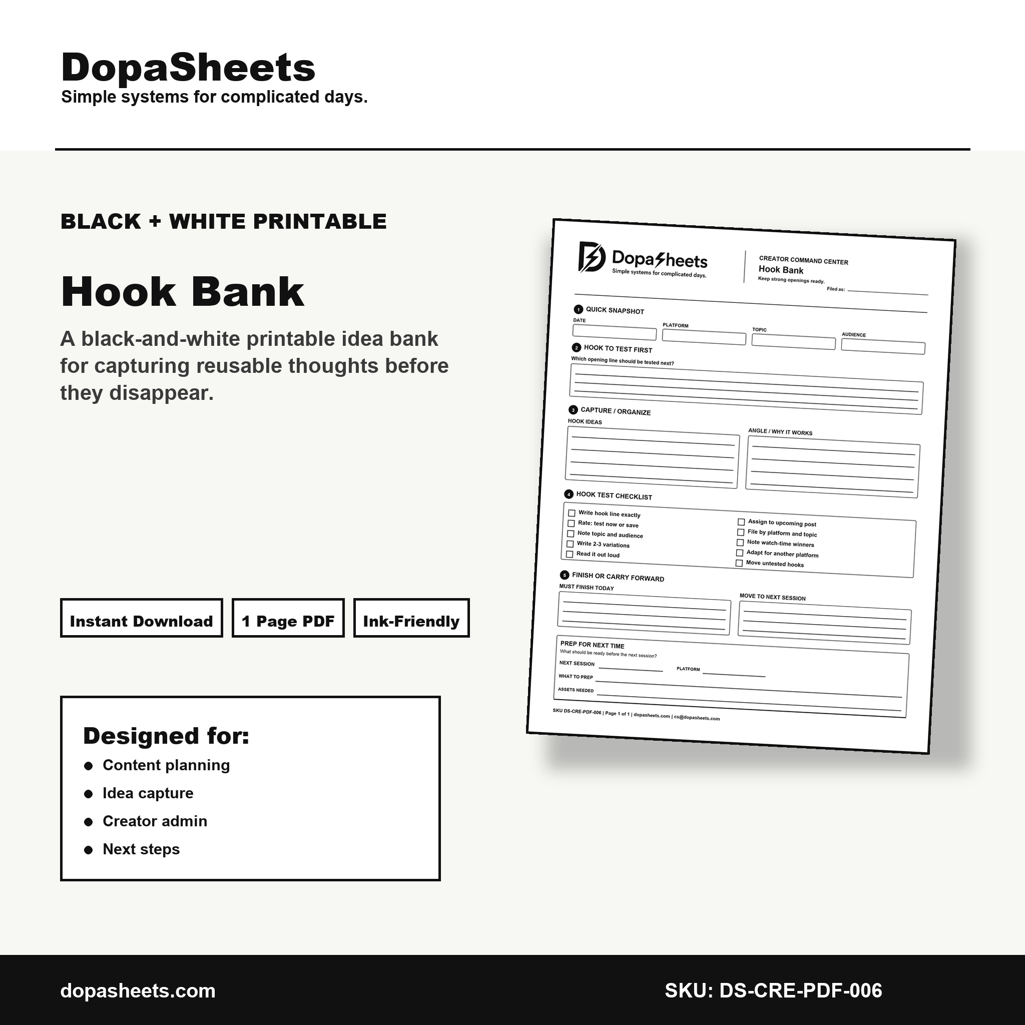 Printable Hook Bank — Content Hook Writing & Organization Sheet for Creators