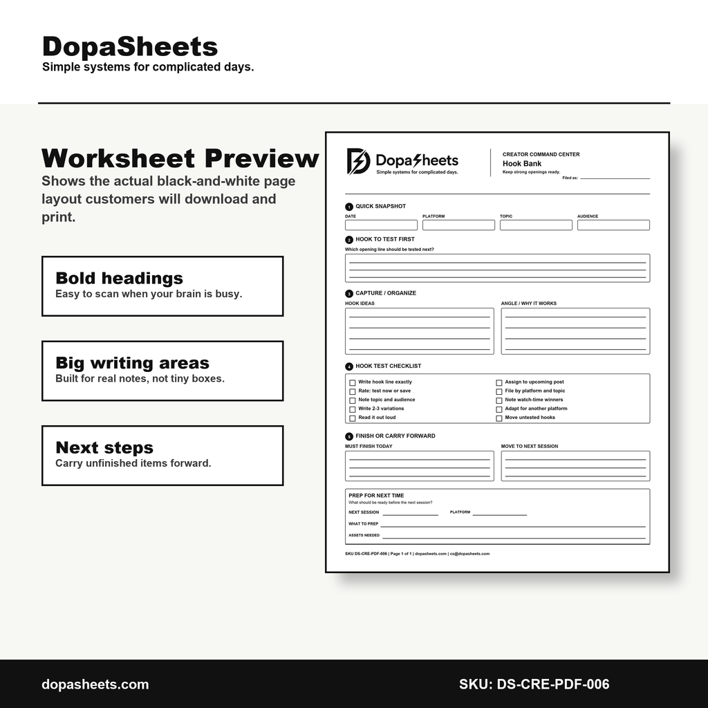 Printable Hook Bank — Content Hook Writing & Organization Sheet for Creators