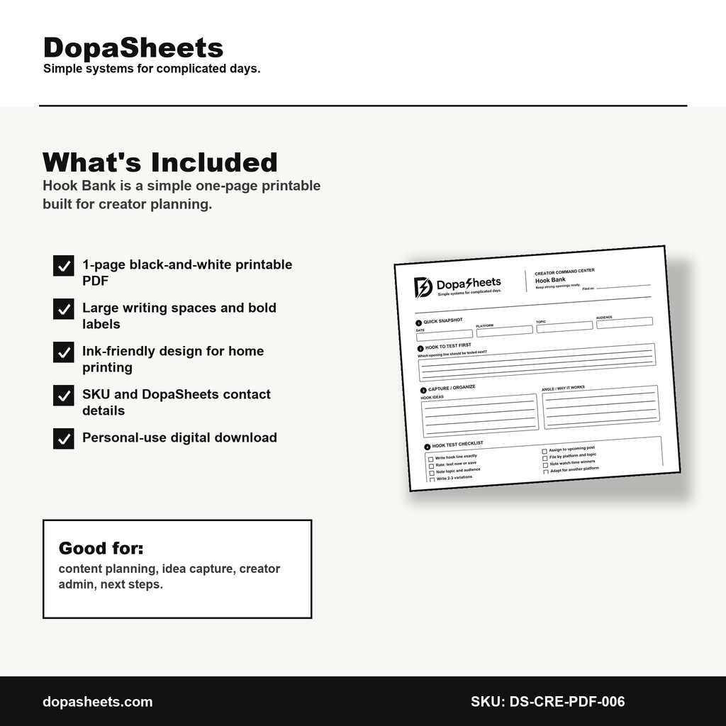 Printable Hook Bank — Content Hook Writing & Organization Sheet for Creators