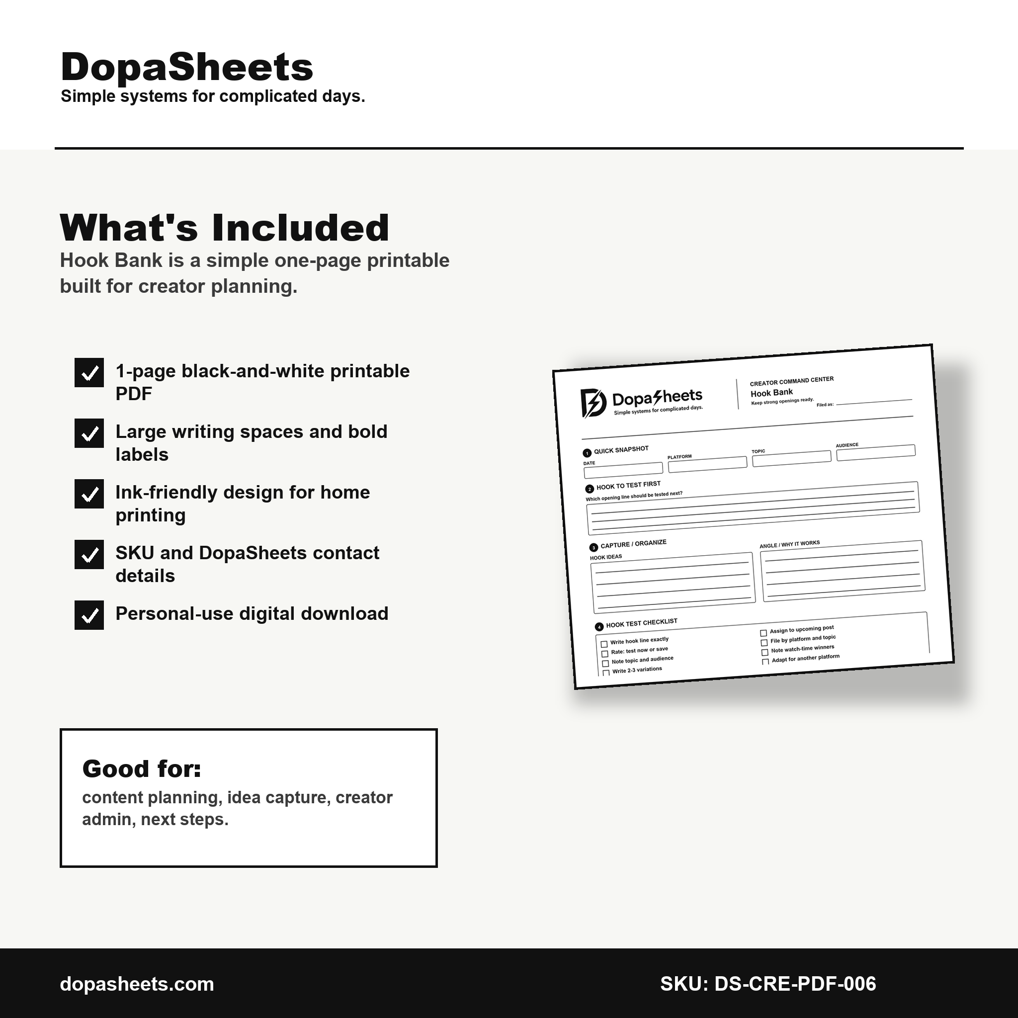 Printable Hook Bank — Content Hook Writing & Organization Sheet for Creators