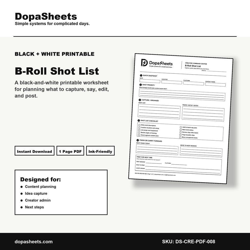 Printable B-Roll Shot List — Video Filming Planner for Content Creators