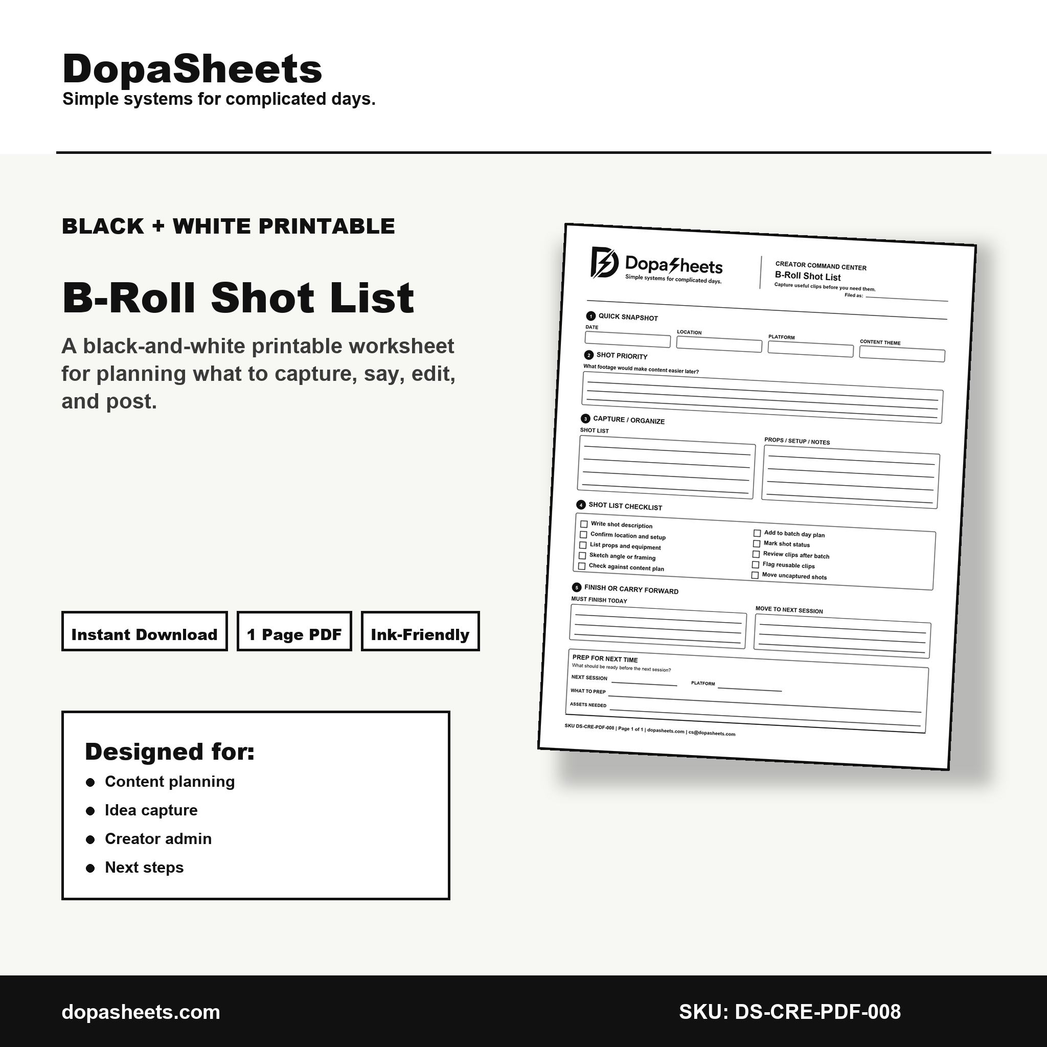 Printable B-Roll Shot List — Video Filming Planner for Content Creators