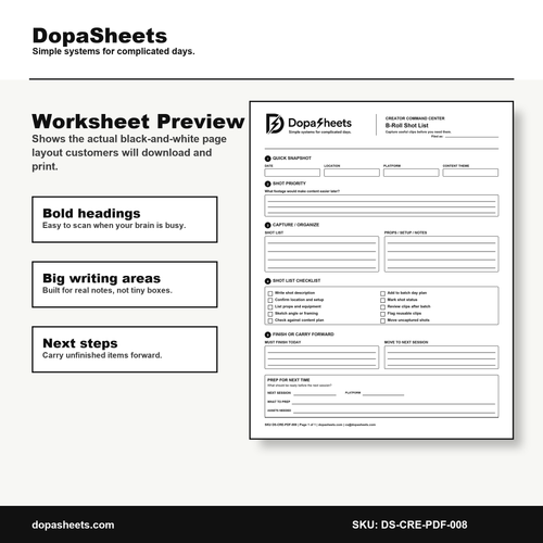 Printable B-Roll Shot List — Video Filming Planner for Content Creators