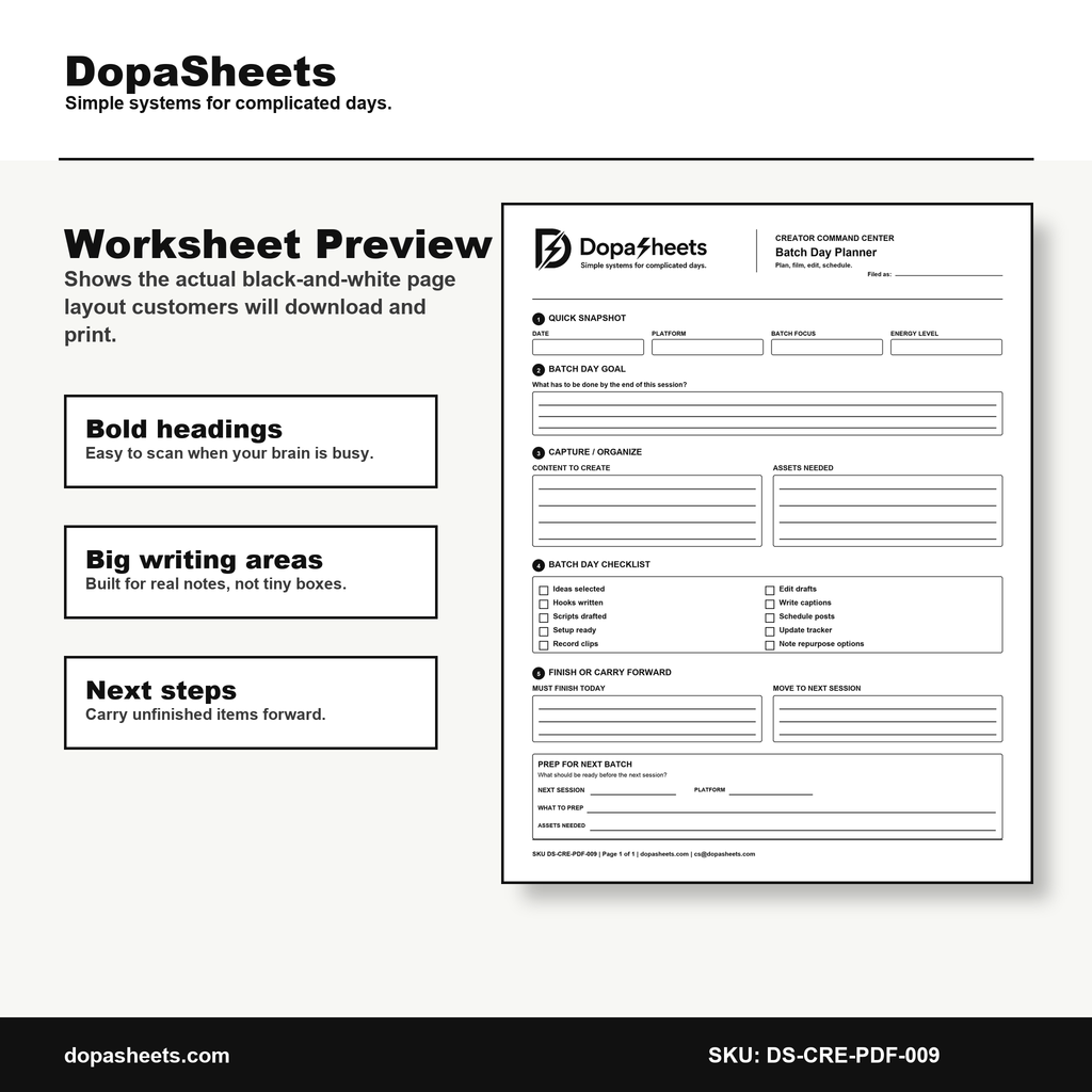 Printable Batch Day Planner — Content Batching Session Planner for Creators