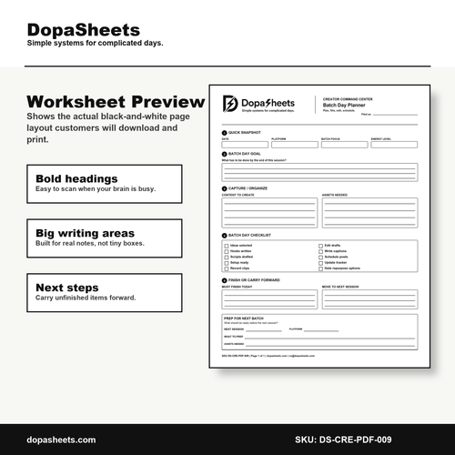 Printable Batch Day Planner — Content Batching Session Planner for Creators