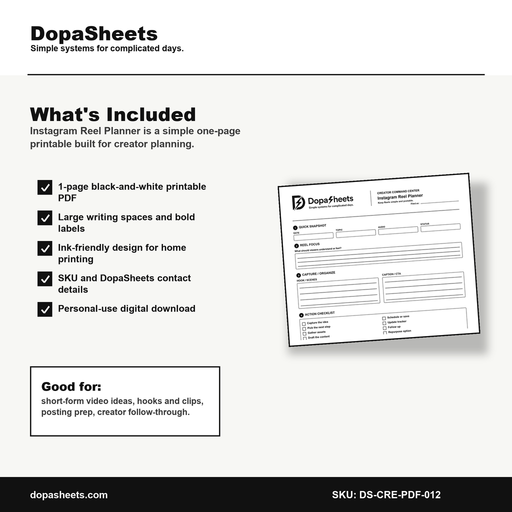 Printable Instagram Reel Planner — Reels Planning Sheet for Instagram Creators