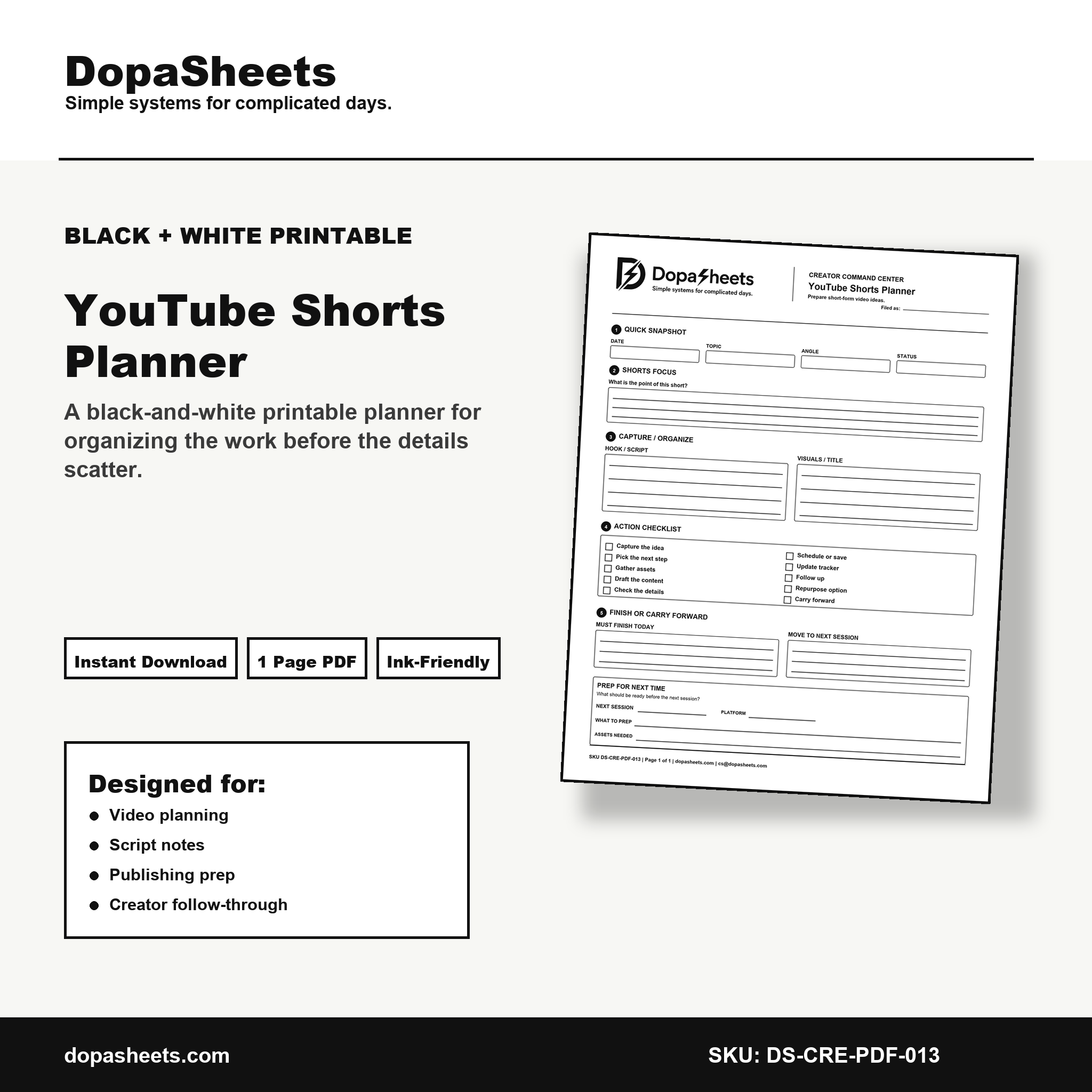 Printable YouTube Shorts Planner — Short Form Video Planning Sheet