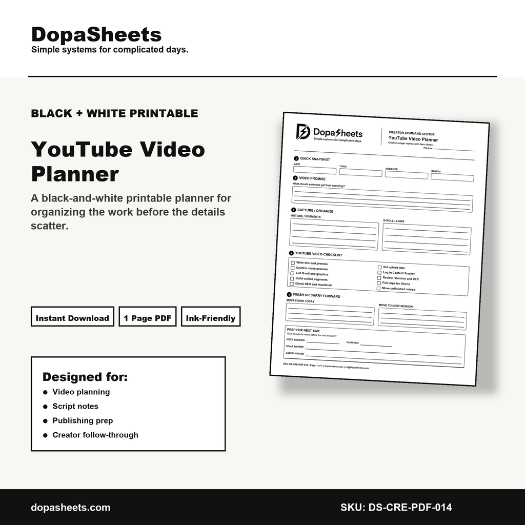 Printable YouTube Video Planner — Long Form Video Planning & Outline Sheet