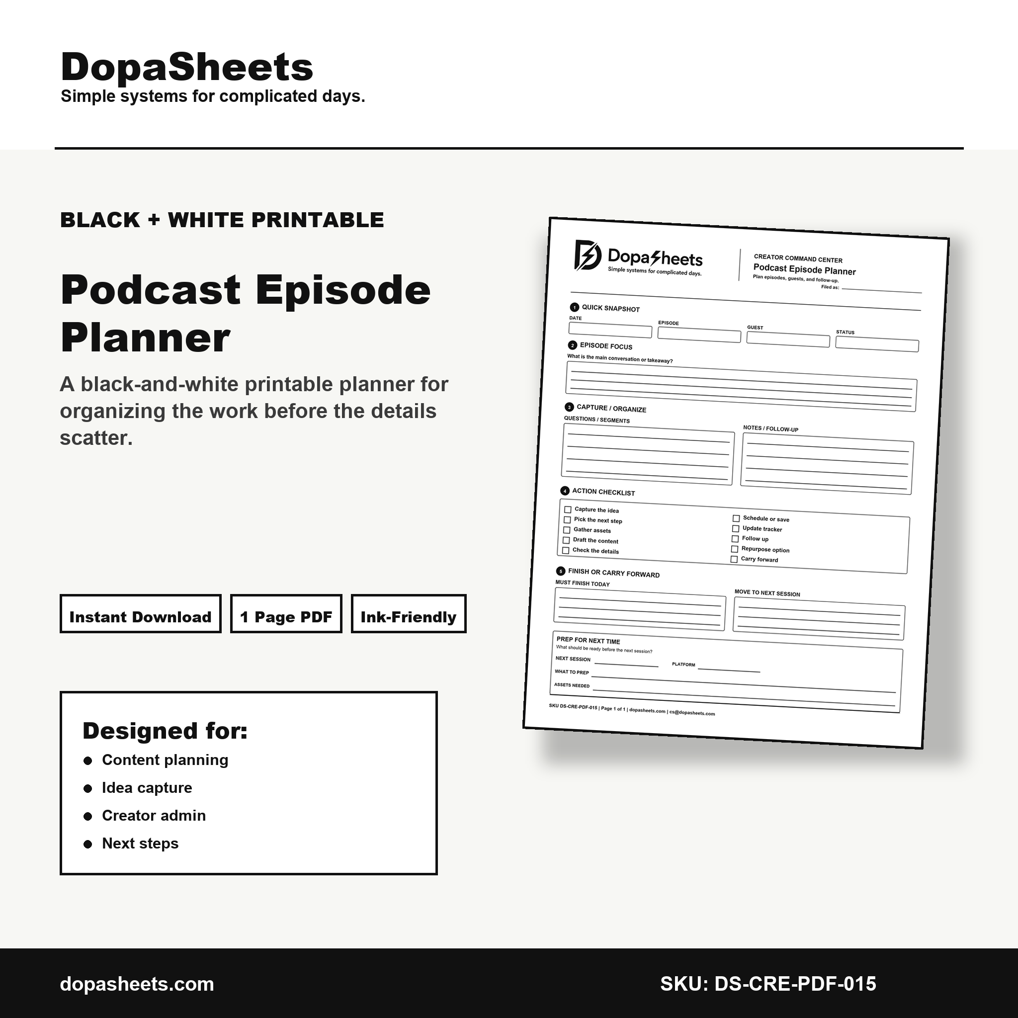 Printable Podcast Episode Planner — Episode Planning Sheet for Podcast Hosts