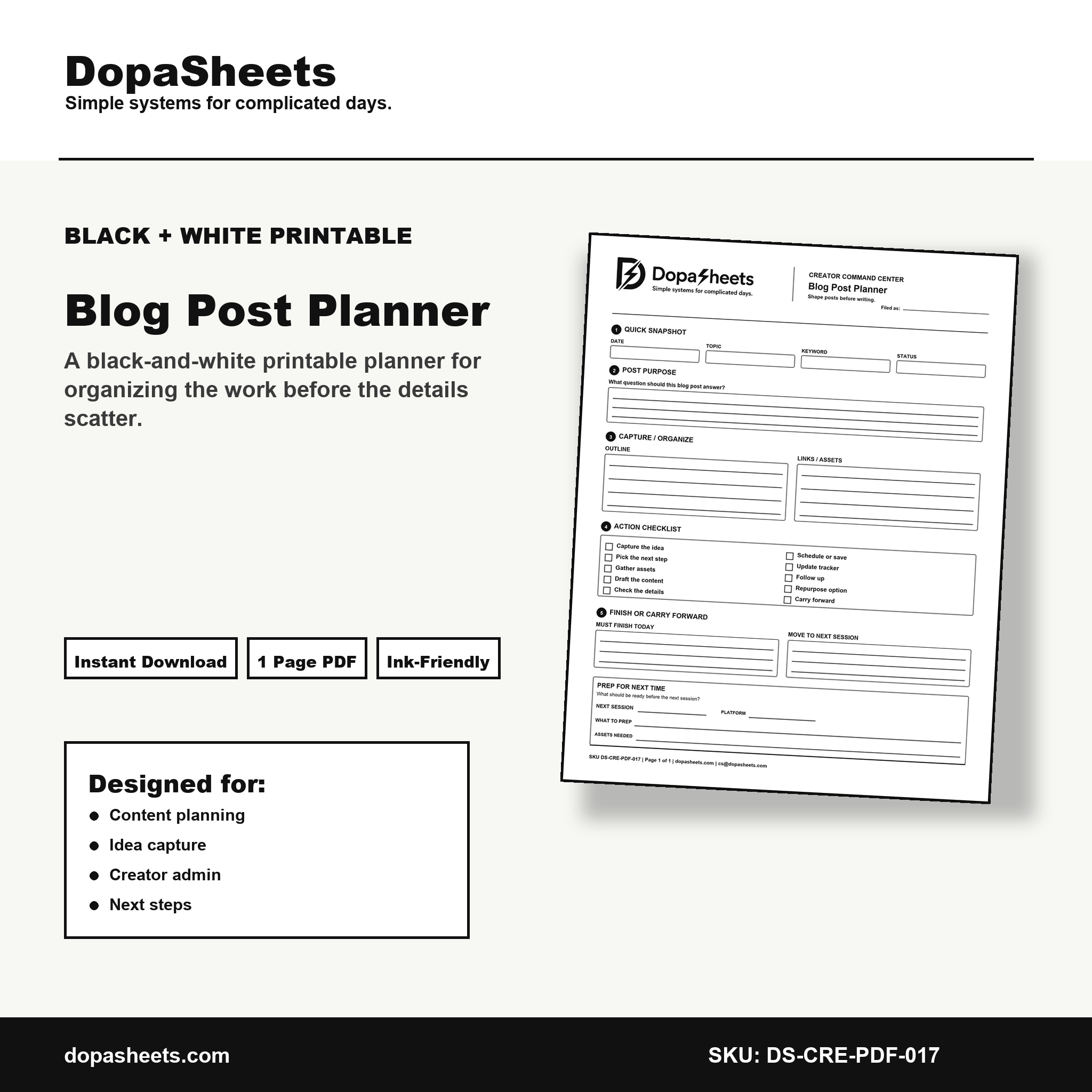 Printable Blog Post Planner — Blog Writing & Outline Planning Sheet