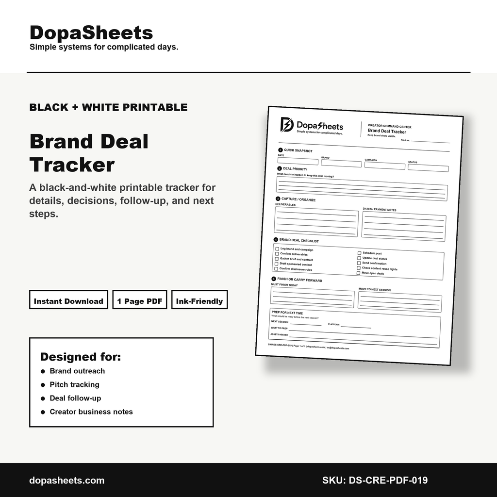Printable Brand Deal Tracker — Sponsorship & Brand Deal Management Sheet