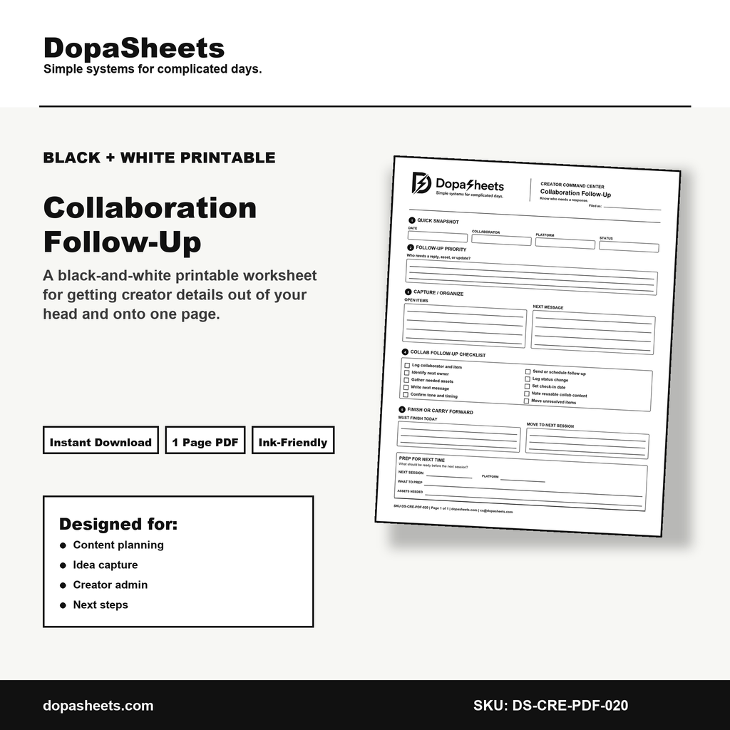 Printable Collaboration Follow-Up Sheet — Creator Collab Tracker & Follow-Up Planner