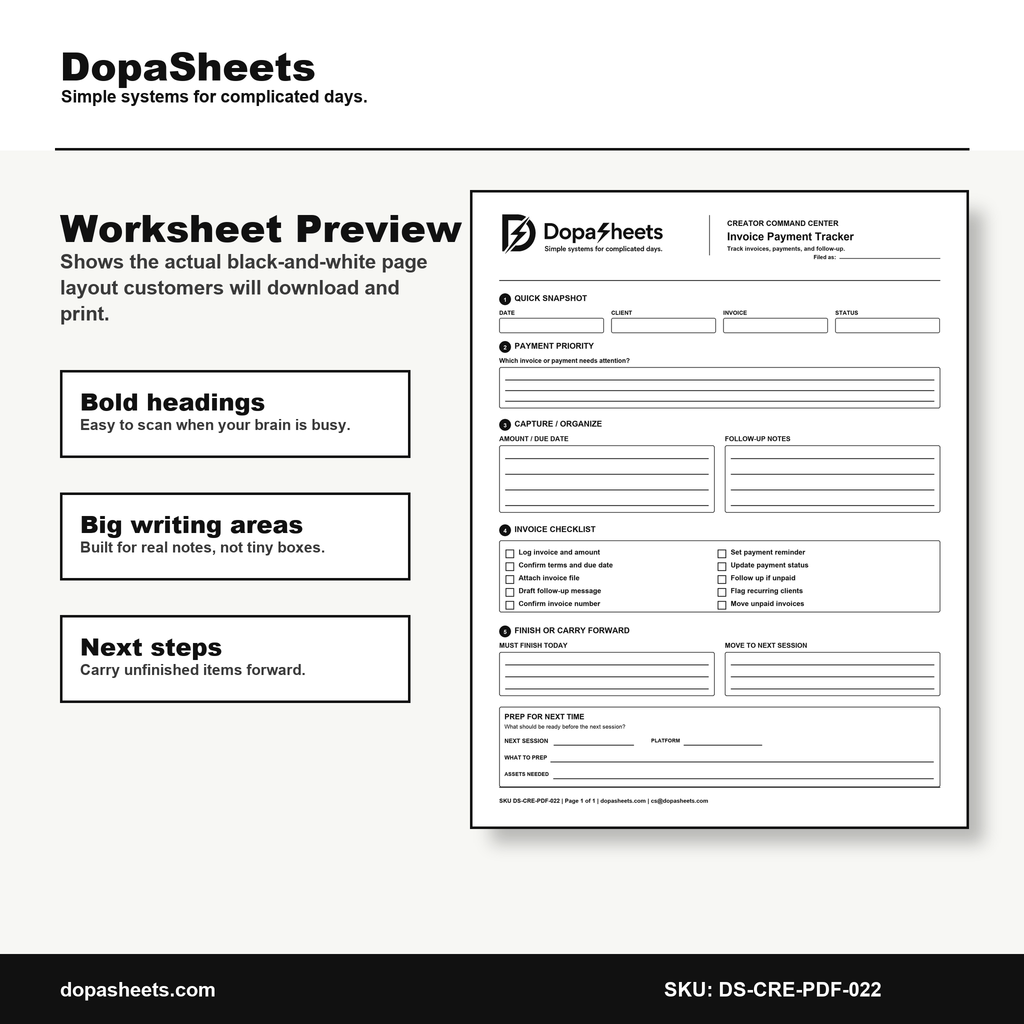 Printable Invoice Payment Tracker — Creator Billing & Payment Follow-Up Sheet