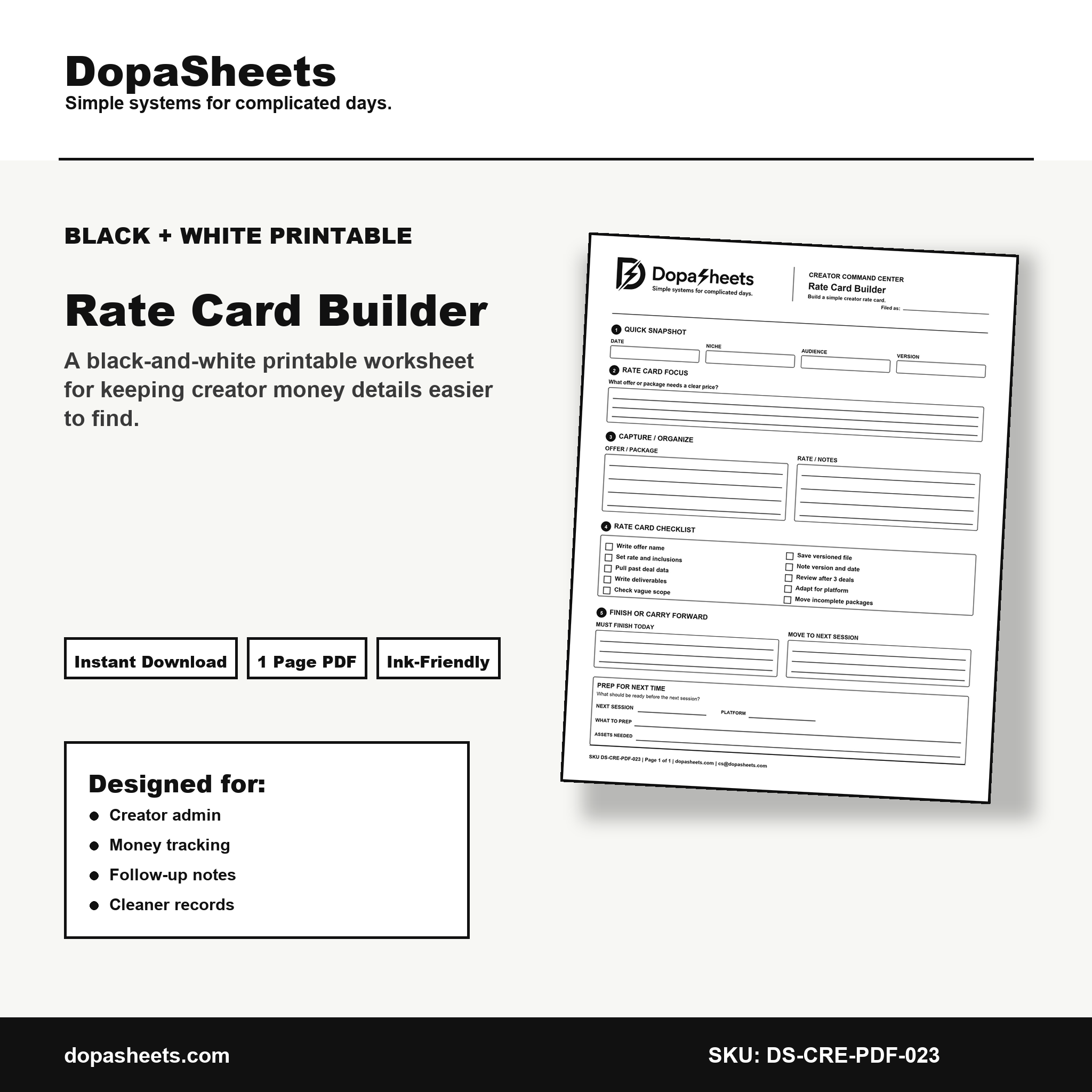 Printable Rate Card Builder — Creator Pricing & Package Planning Sheet
