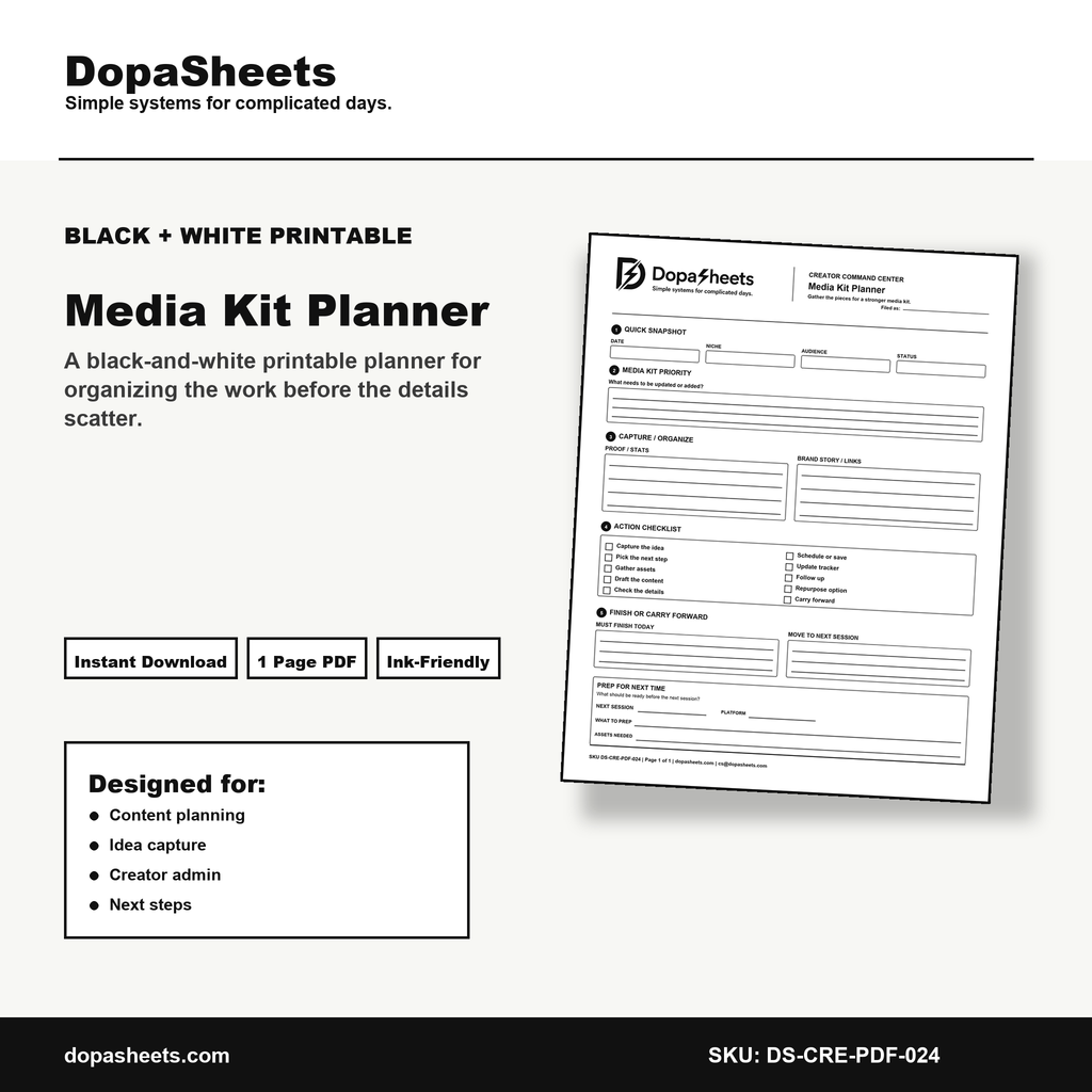 Printable Media Kit Planner — Creator Media Kit Builder & Organization Sheet
