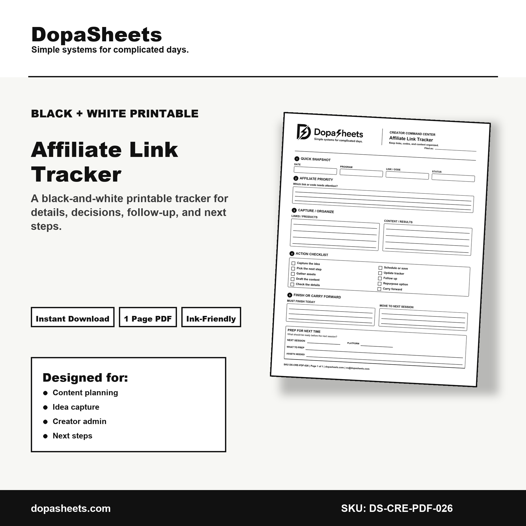 Printable Affiliate Link Tracker — Affiliate Marketing Organization Sheet for Creators
