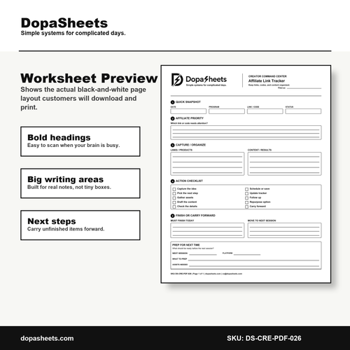 Printable Affiliate Link Tracker — Affiliate Marketing Organization Sheet for Creators