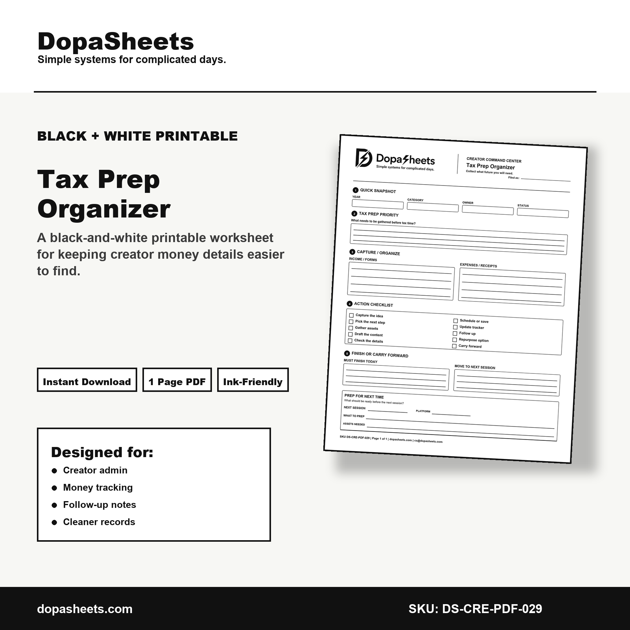 Printable Tax Prep Organizer — Creator Tax Season Income & Expense Organizer