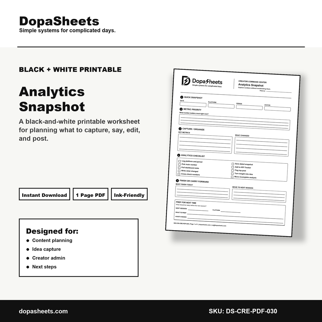 Printable Analytics Snapshot — Social Media Metrics Tracker for Content Creators