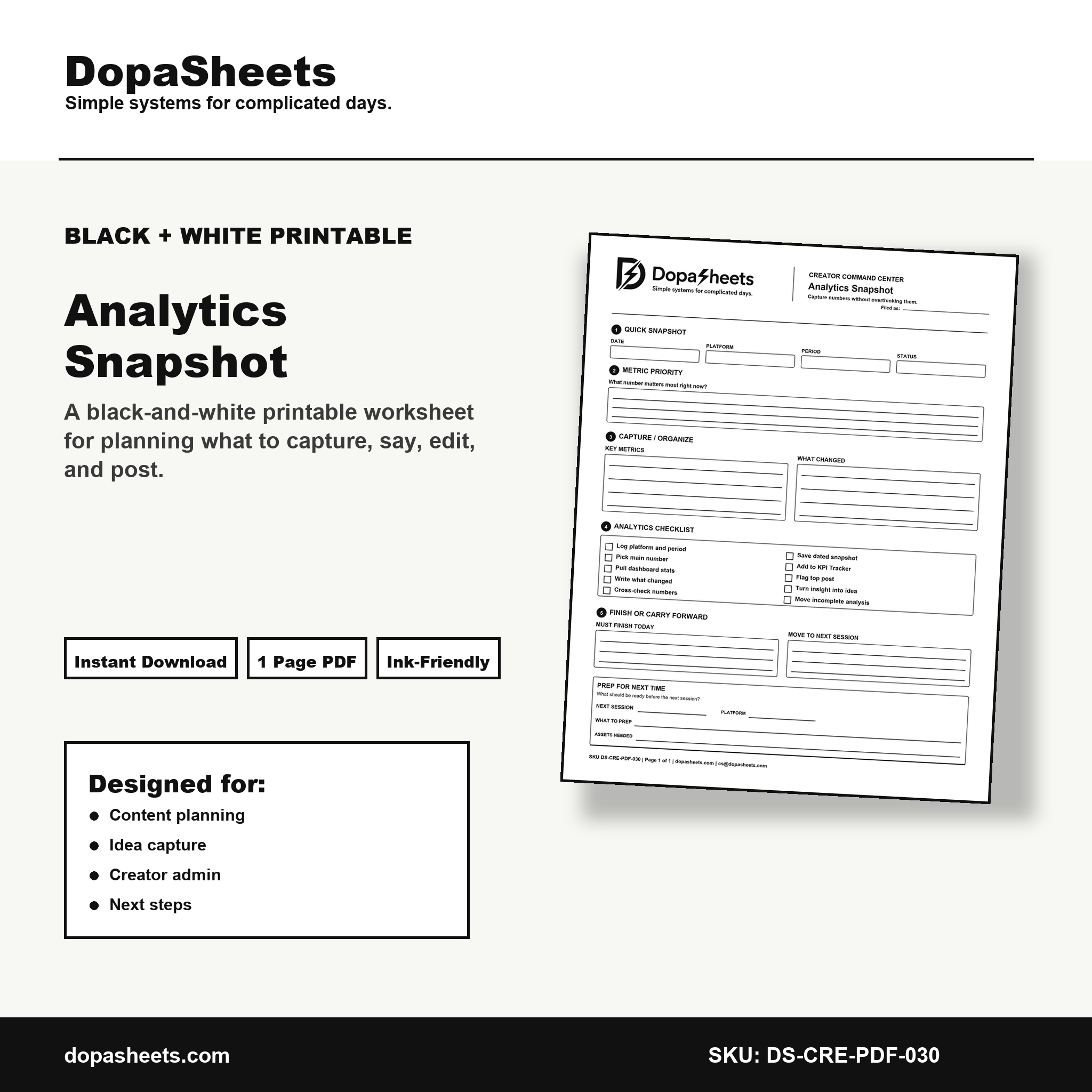 Printable Analytics Snapshot — Social Media Metrics Tracker for Content Creators