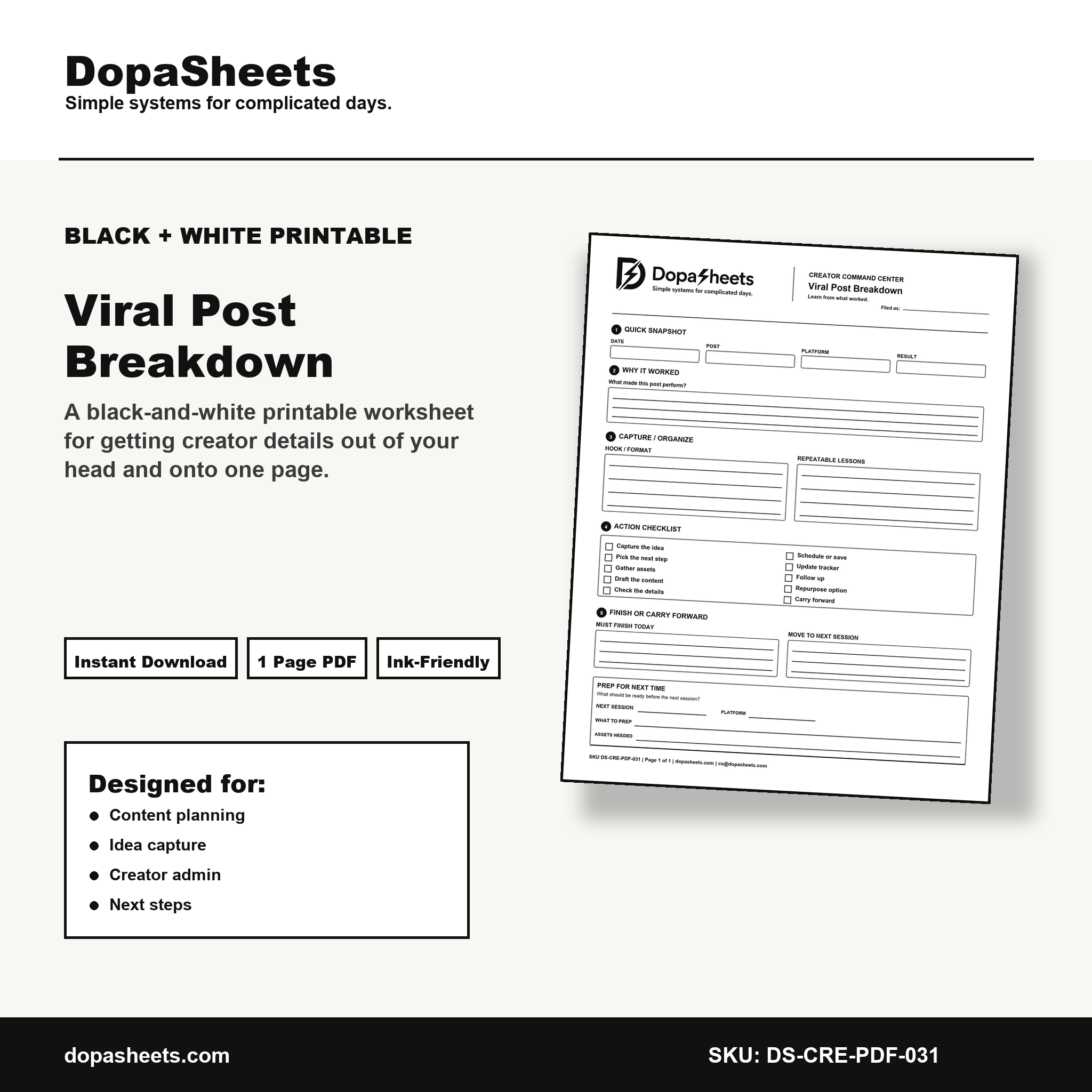 Printable Viral Post Breakdown — Content Performance Analysis Sheet for Creators