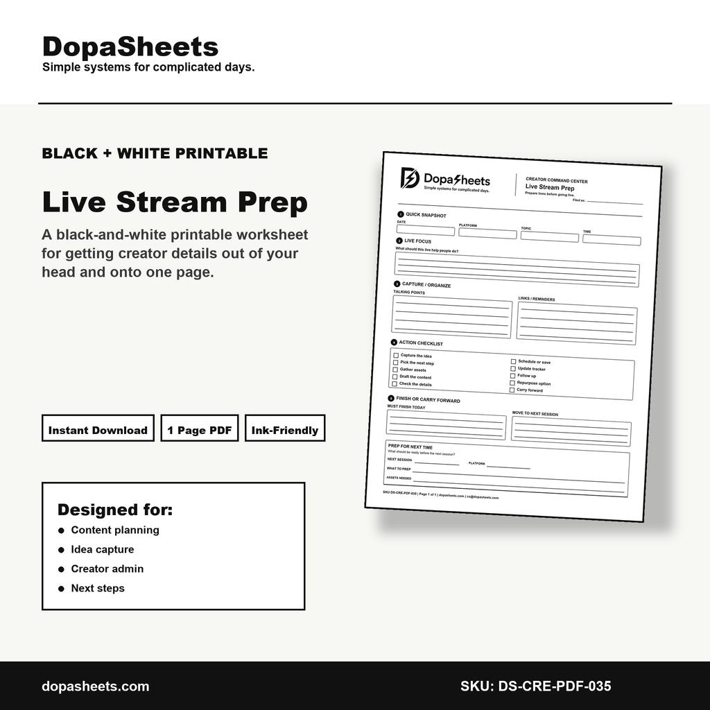 Printable Live Stream Prep Sheet — Live Stream Planning & Talking Points Planner