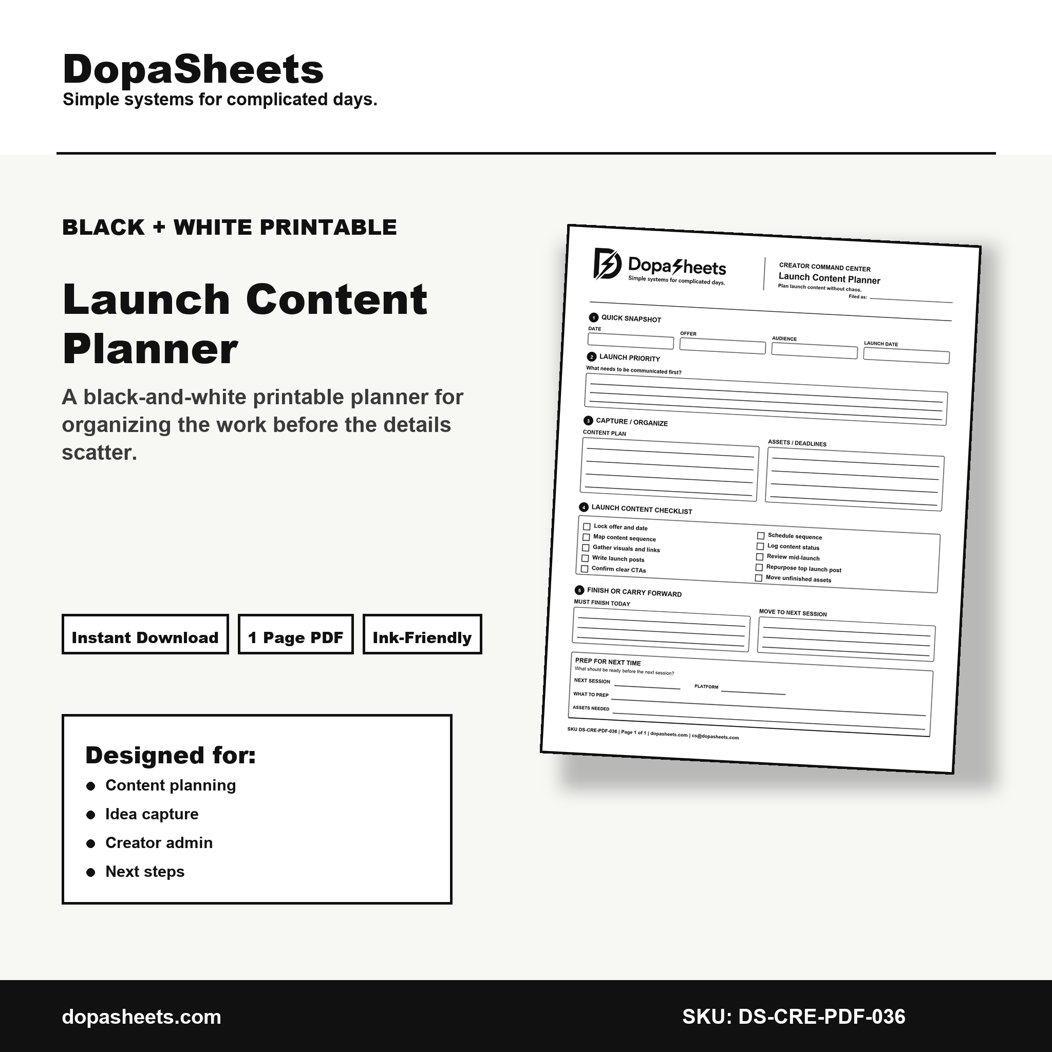 Printable Launch Content Planner — Product Launch Content Planning Sheet
