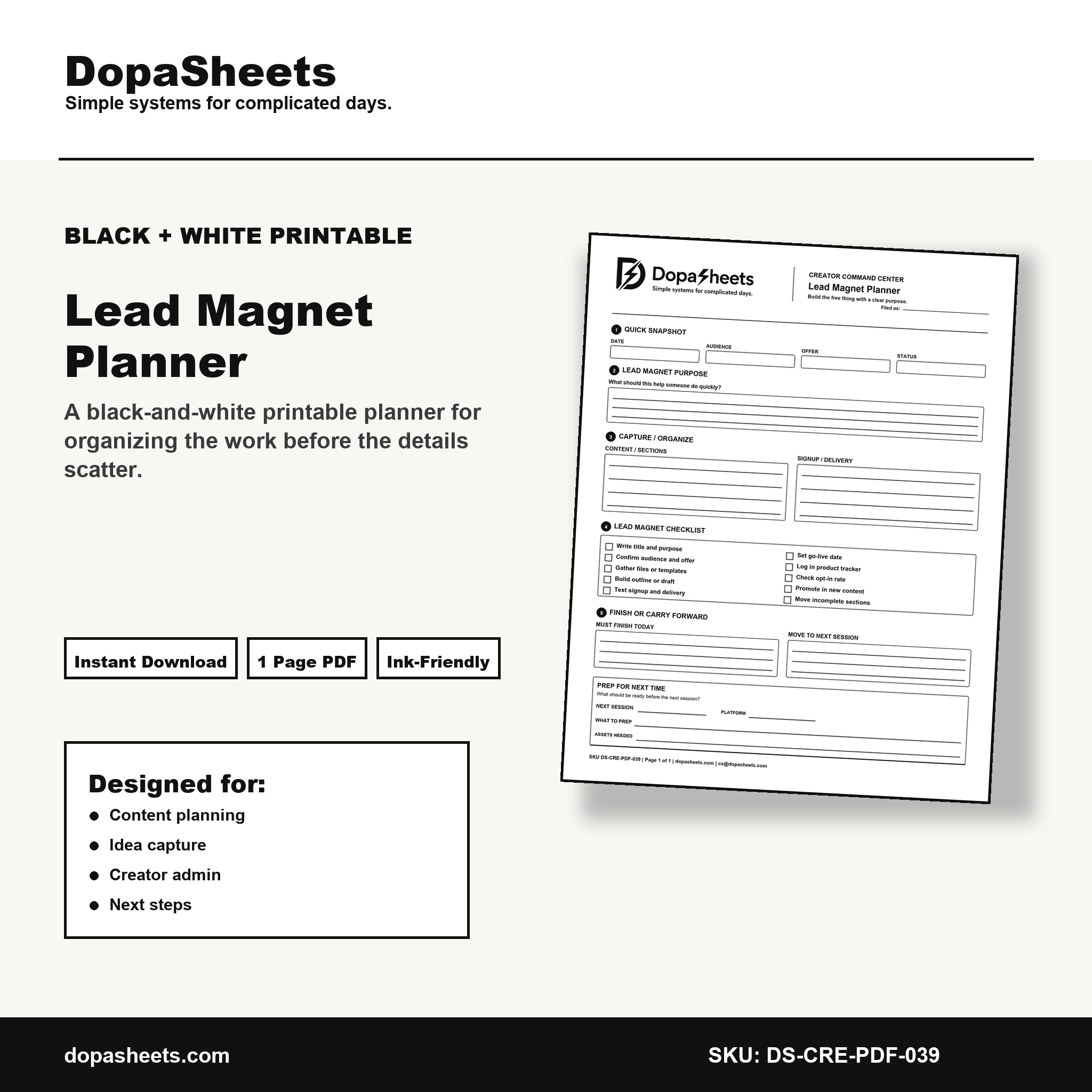 Printable Lead Magnet Planner — Email List Building & Freebie Design Sheet