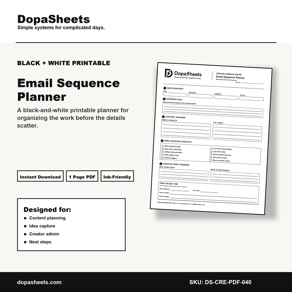 Printable Email Sequence Planner — Email Sequence Mapping & Planning Sheet