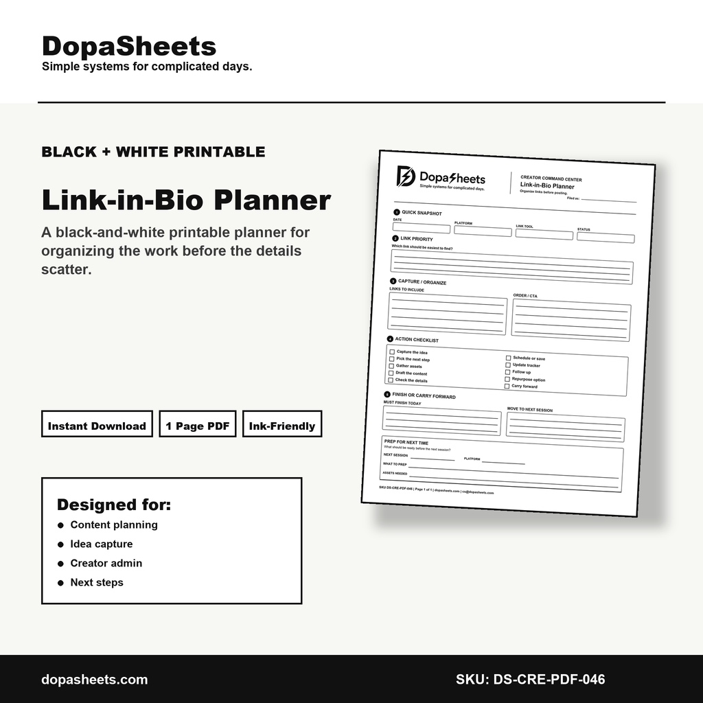 Printable Link-in-Bio Planner — Link in Bio Strategy & Organization Sheet