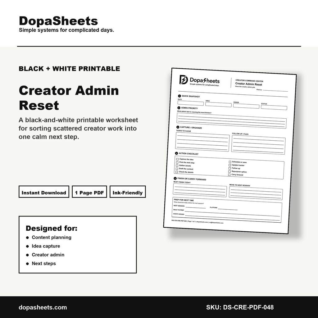 Printable Creator Admin Reset — Creator Business Admin Sweep & Organization Sheet