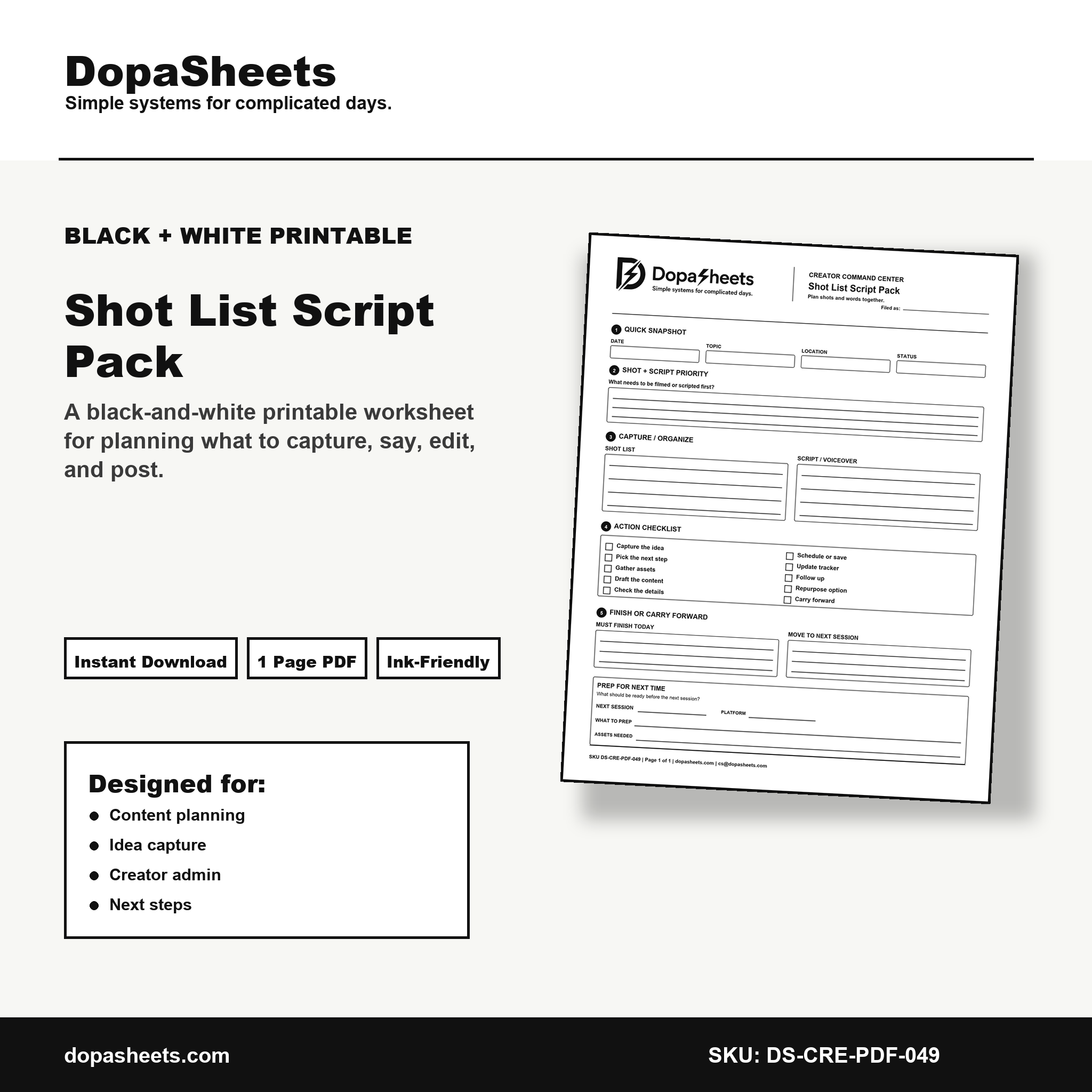 Printable Shot List Script Pack — Video Shot List & Script Planning Sheet for Creators