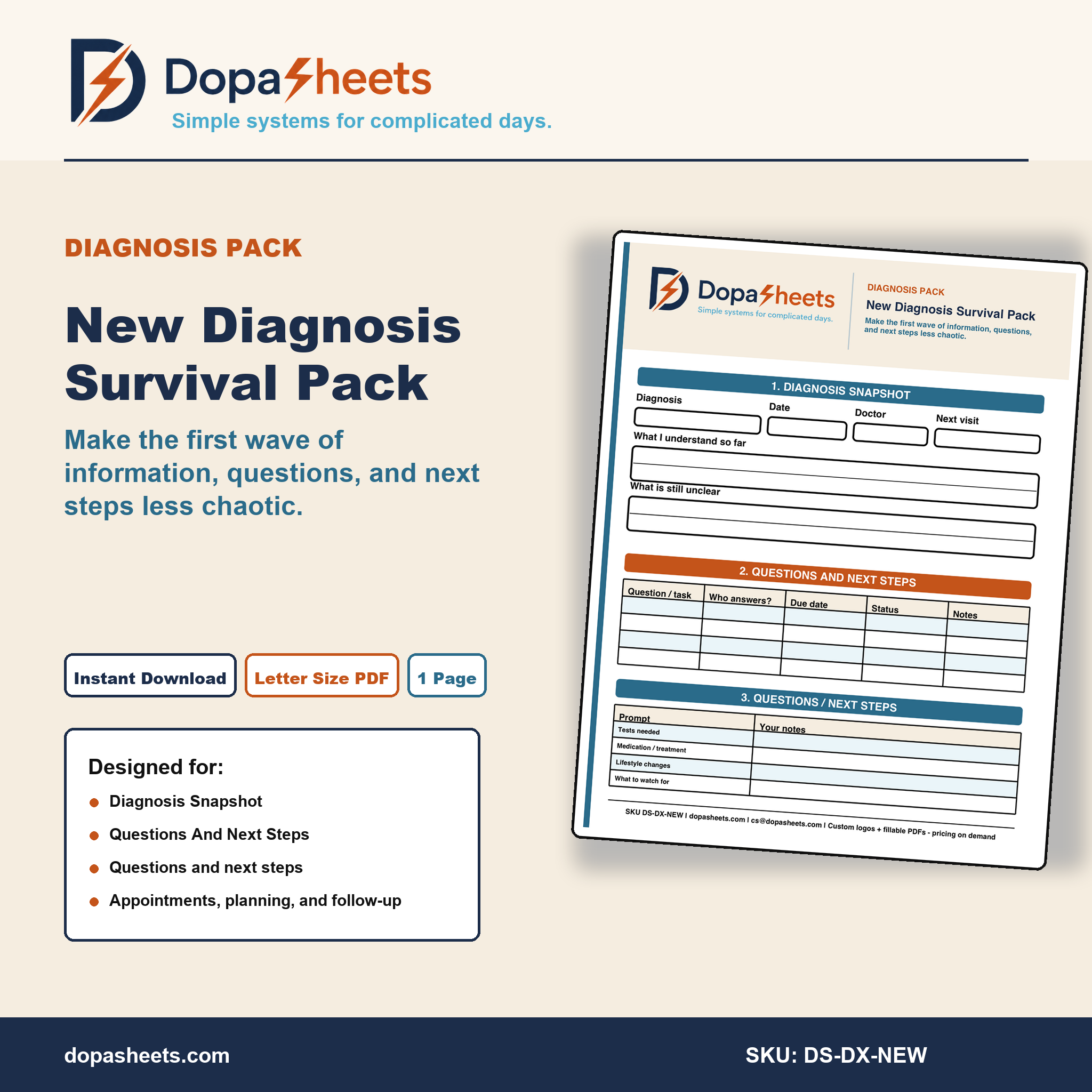 Printable New Diagnosis Worksheet — Questions, Next Steps & Care Planner