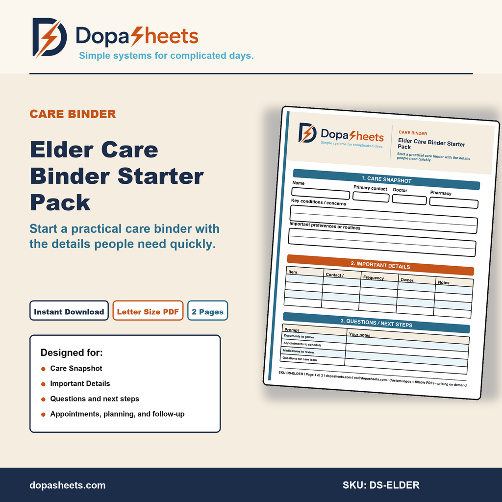Printable Elder Care Binder Starter — Medical Organizer for Family Caregivers