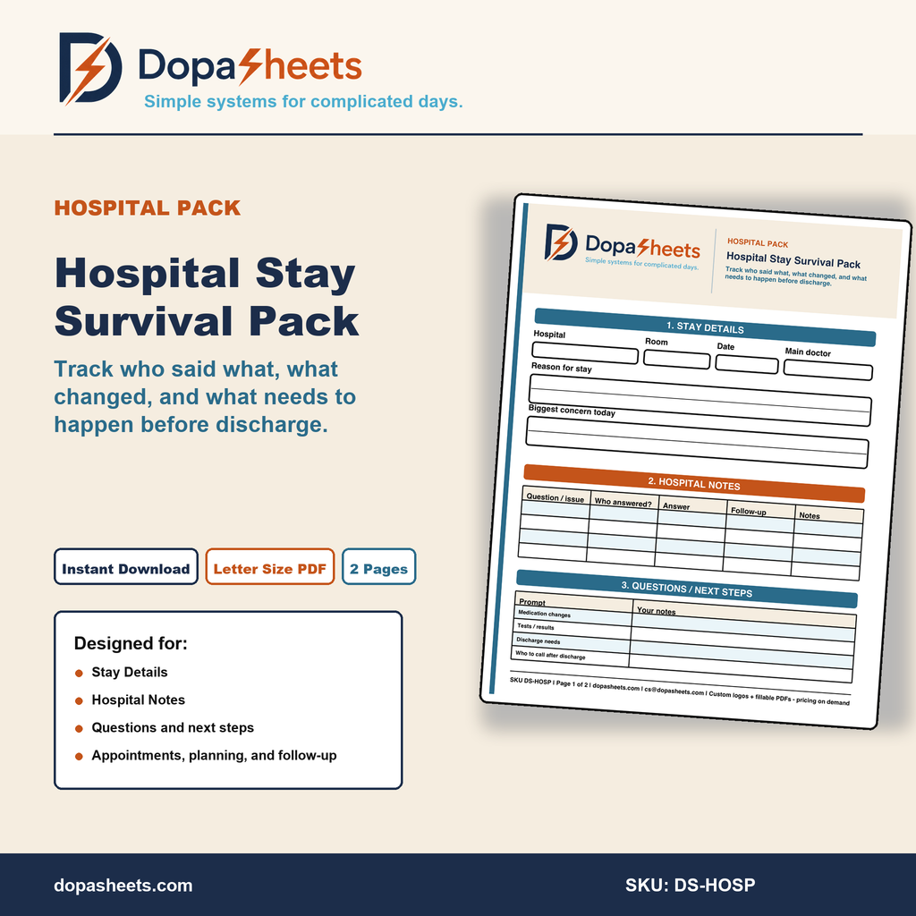 Printable Hospital Stay Worksheet — Patient & Caregiver Notes, Discharge Planner