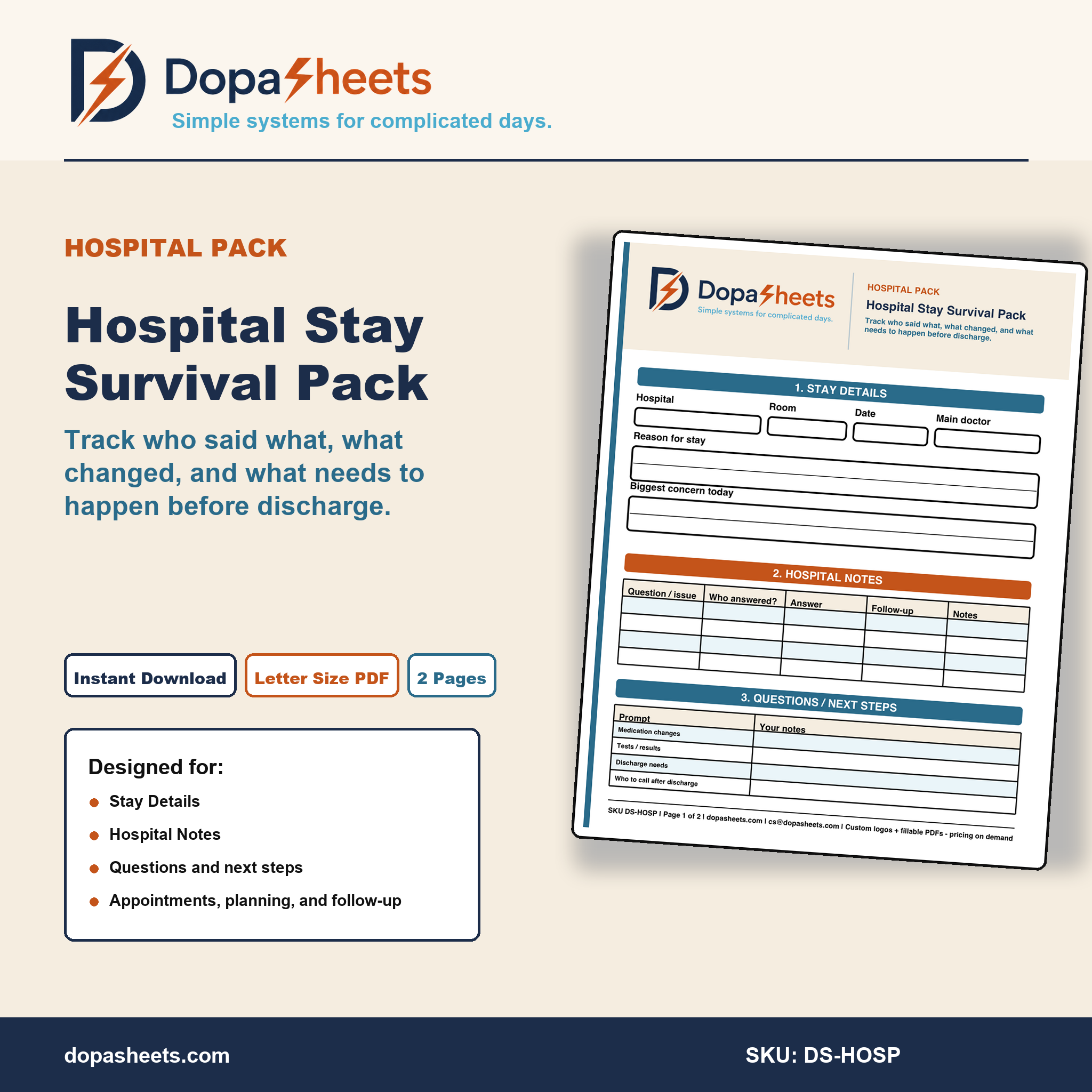 Printable Hospital Stay Worksheet — Patient & Caregiver Notes, Discharge Planner