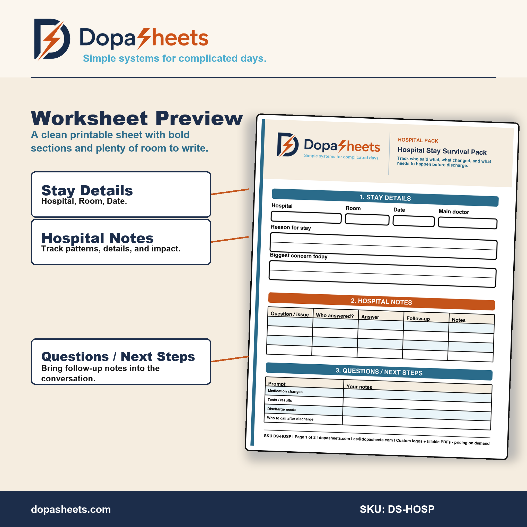 Printable Hospital Stay Worksheet — Patient & Caregiver Notes, Discharge Planner