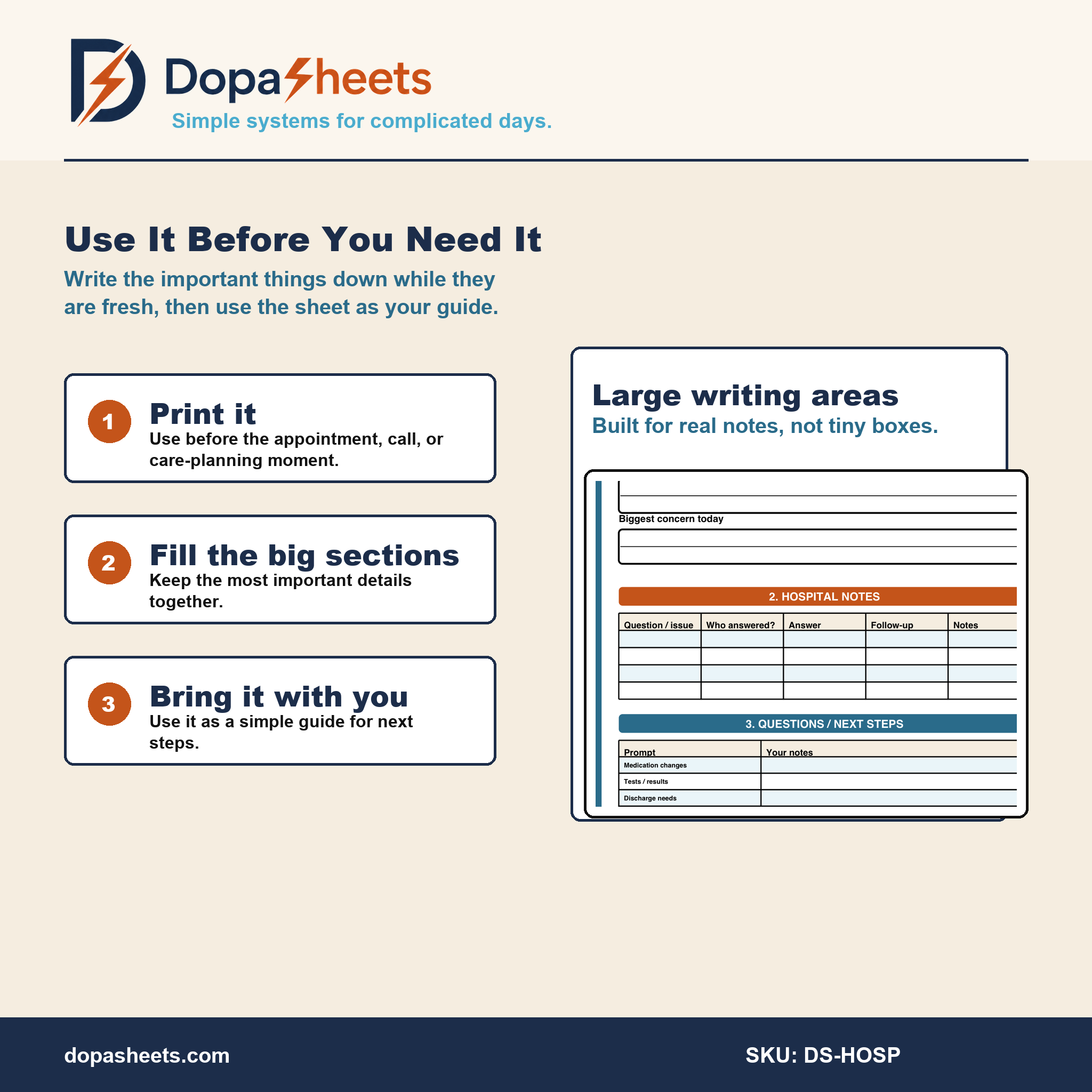Printable Hospital Stay Worksheet — Patient & Caregiver Notes, Discharge Planner