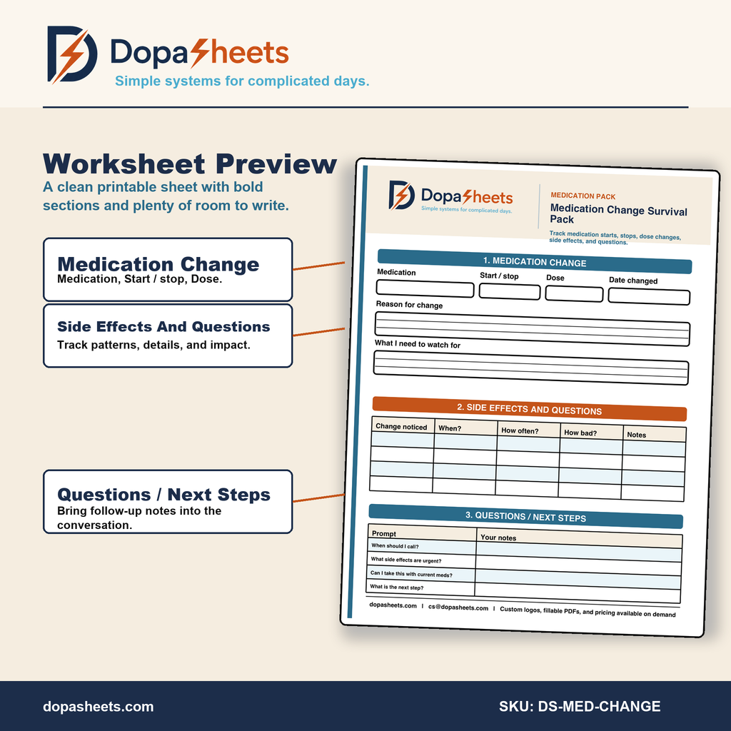 Printable Medication Change Tracker — Dose Adjustment, Side Effects & Follow-Up Log