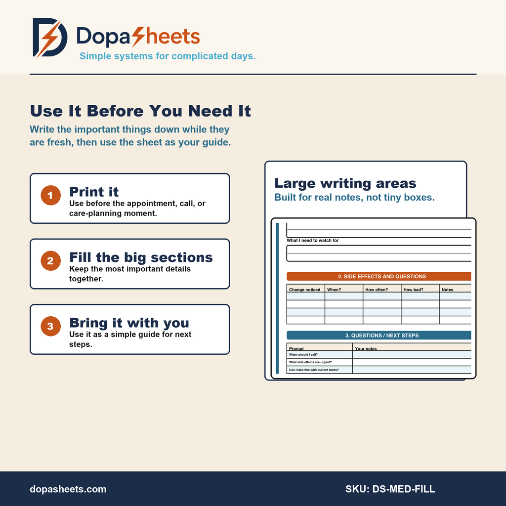 Fillable Medication Change Tracker — Digital or Printable Dose & Side Effects Log