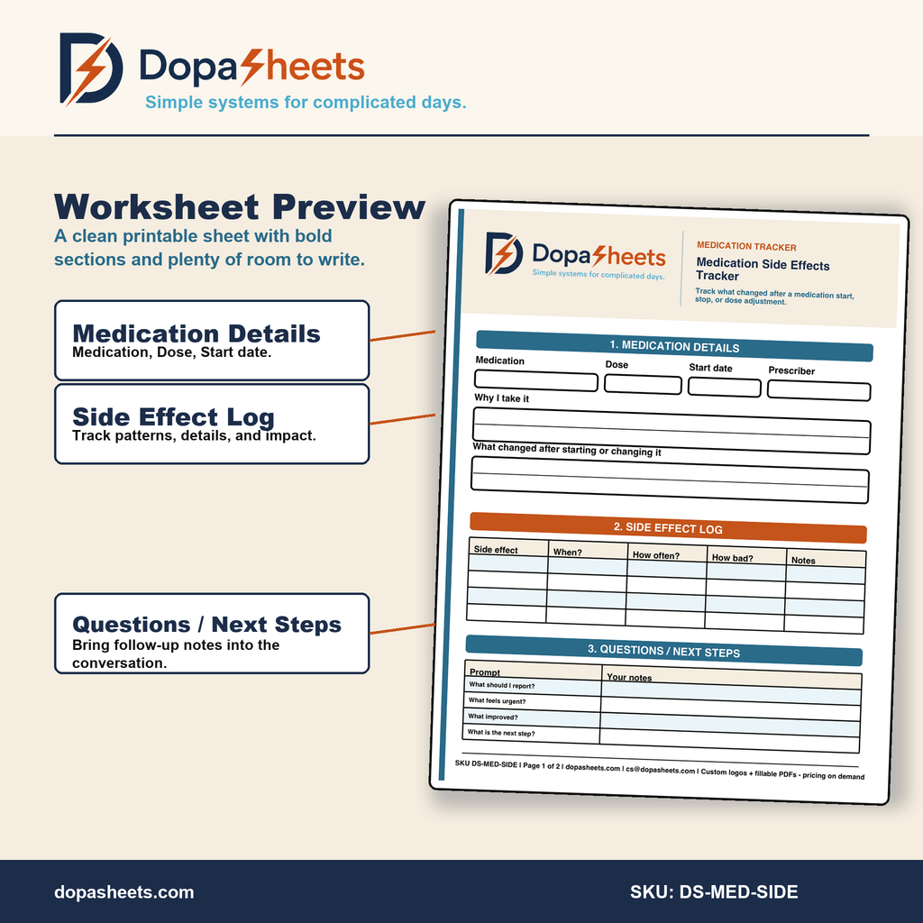 Printable Medication Side Effects Tracker — Reaction Log & Provider Follow-Up Sheet